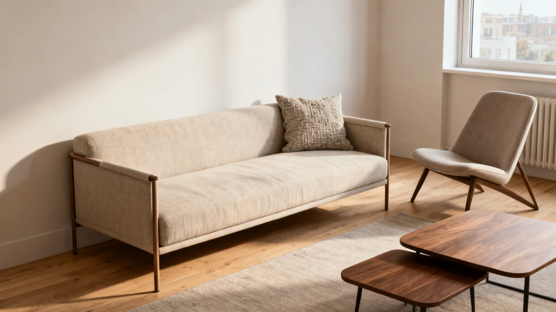 Slim-profile sofa with an accent chair and nested coffee tables in a small airy living room.