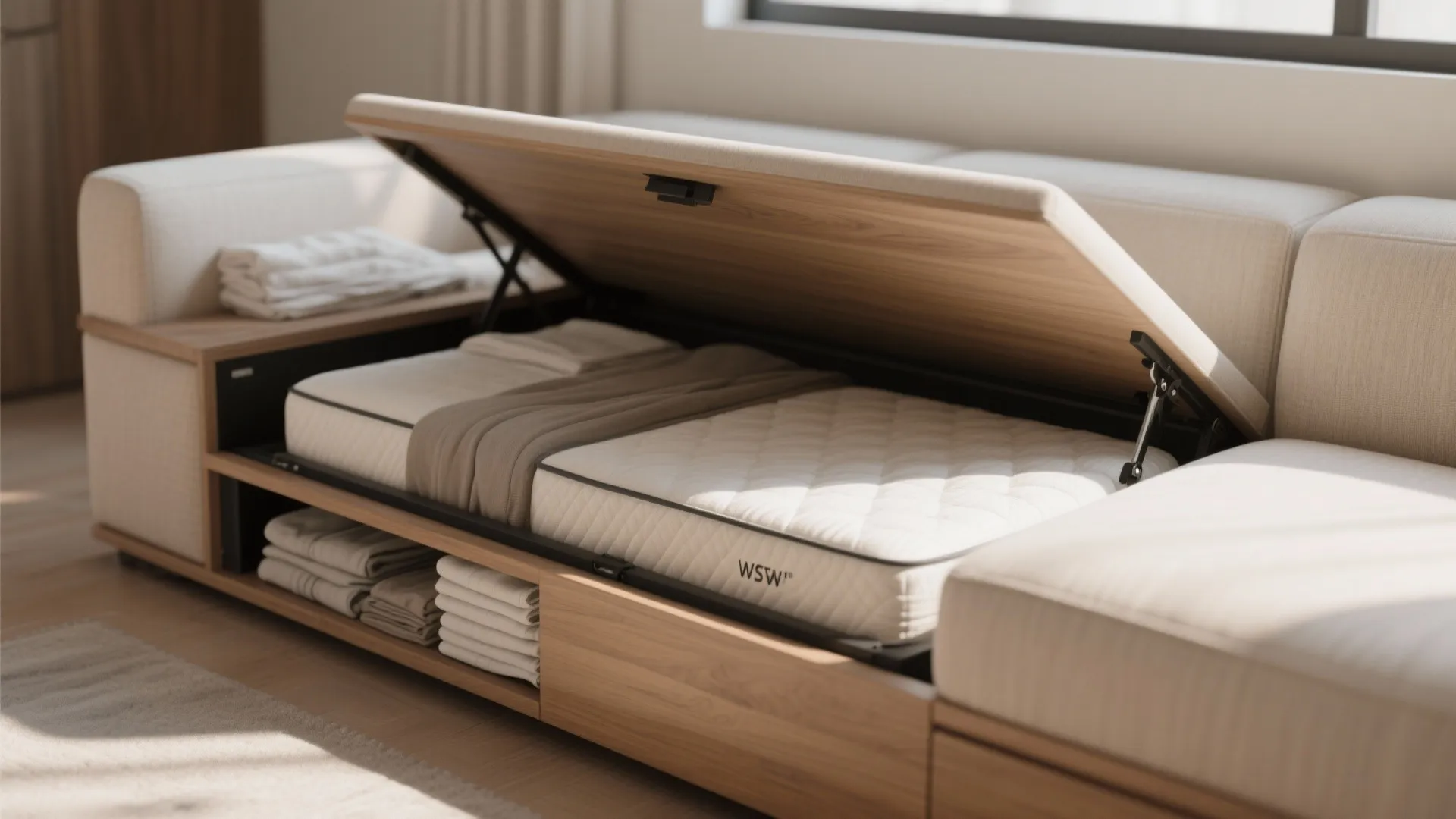 Cream sofa with wooden base lifted to show storage for mattress and folded white towels