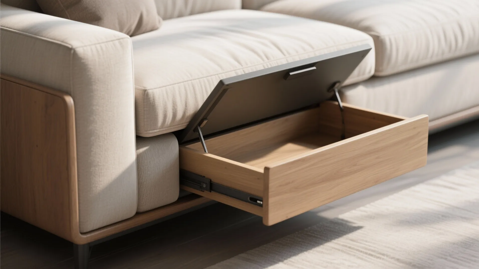 Close-up of a slim-arm sofa with an open under-seat drawer revealing neatly stored throws and magazines.