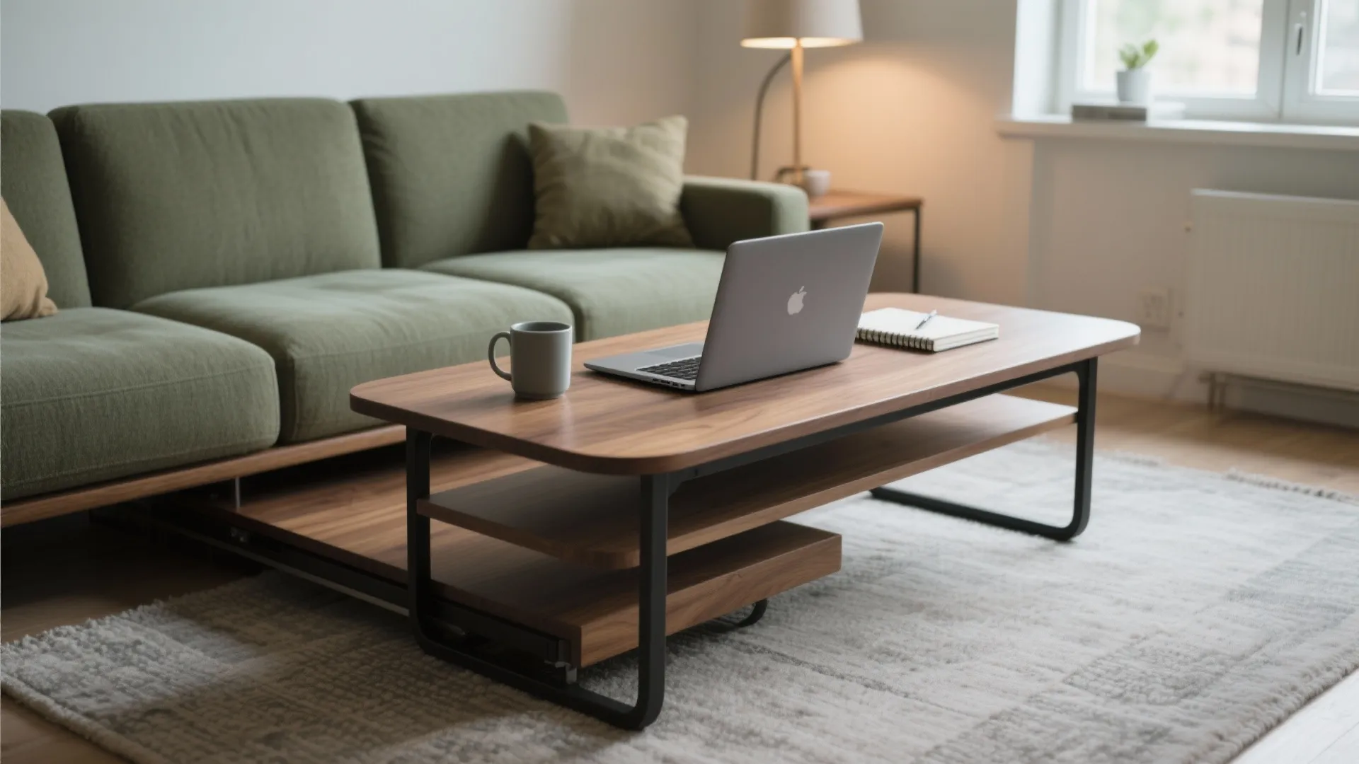 Slim wooden coffee table with laptop and mug placed in front of a green sofa