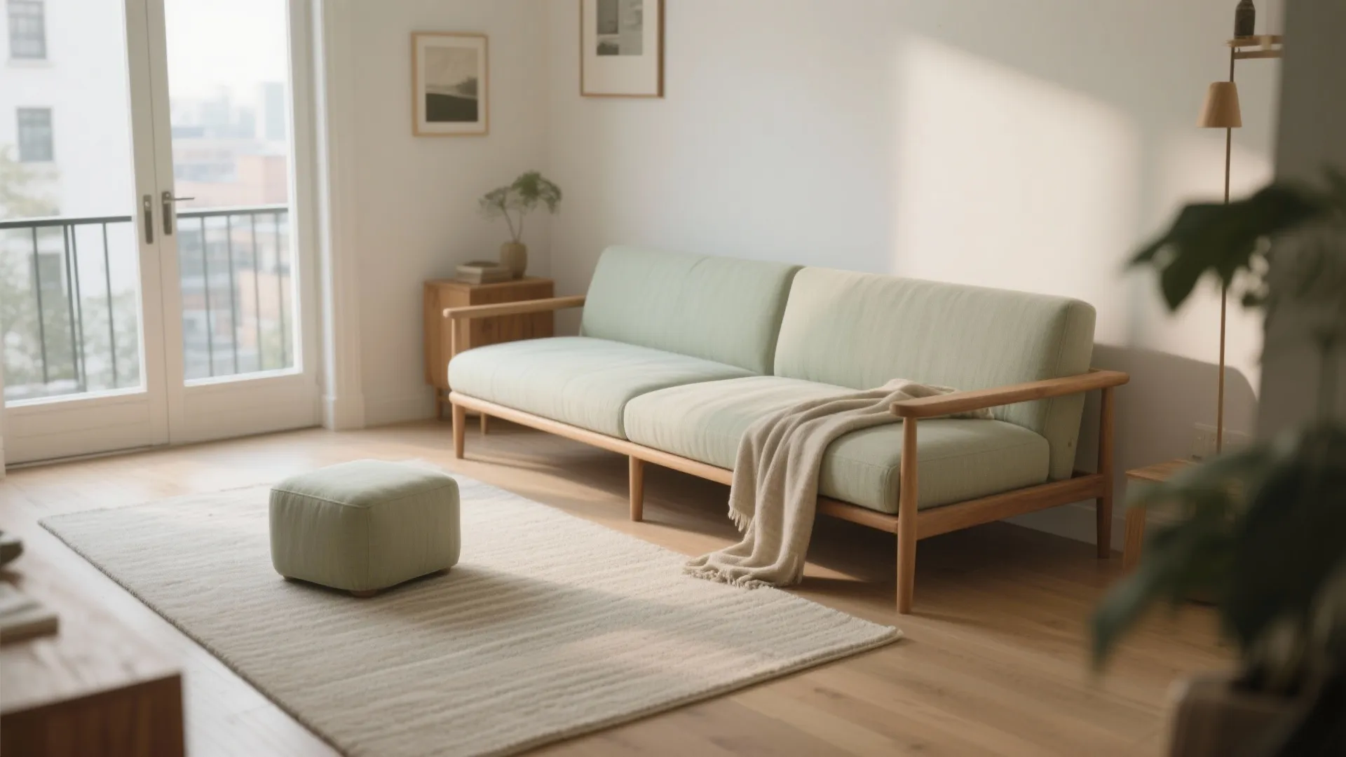 Modern light green sofa with wooden frame on rug beside small footrest in bright room