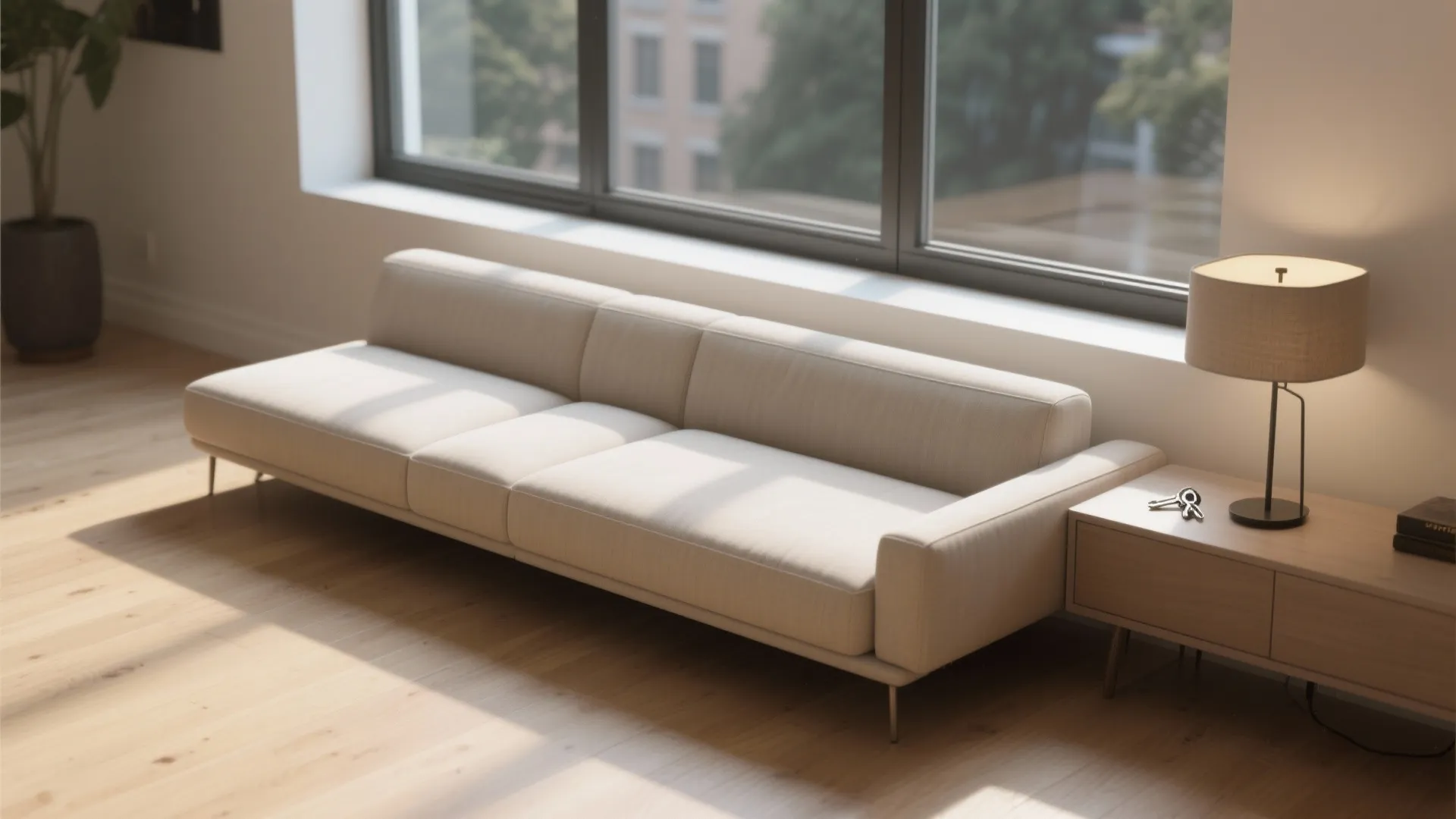 Modern minimalist living room featuring a long beige sofa next to a large glass window