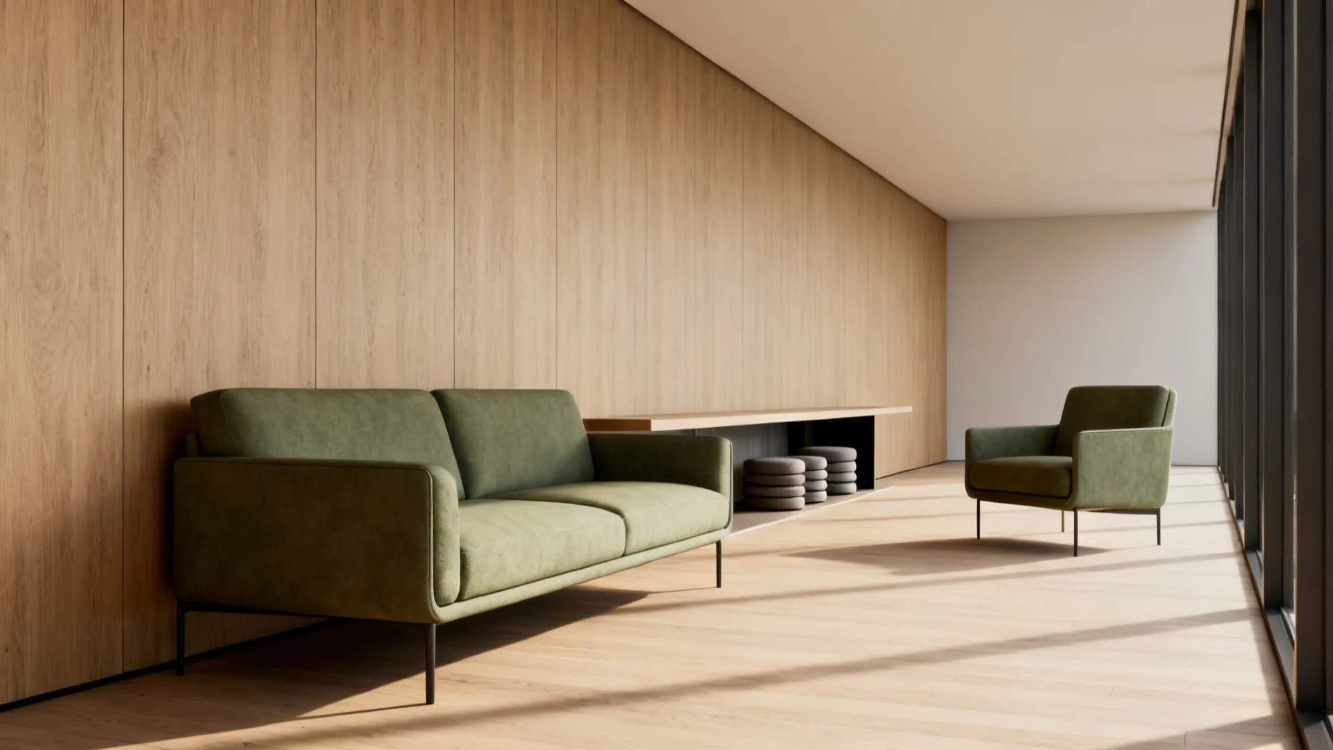 Small living room zoned with a slim sofa, floating armchair and narrow console keeping sightlines open.