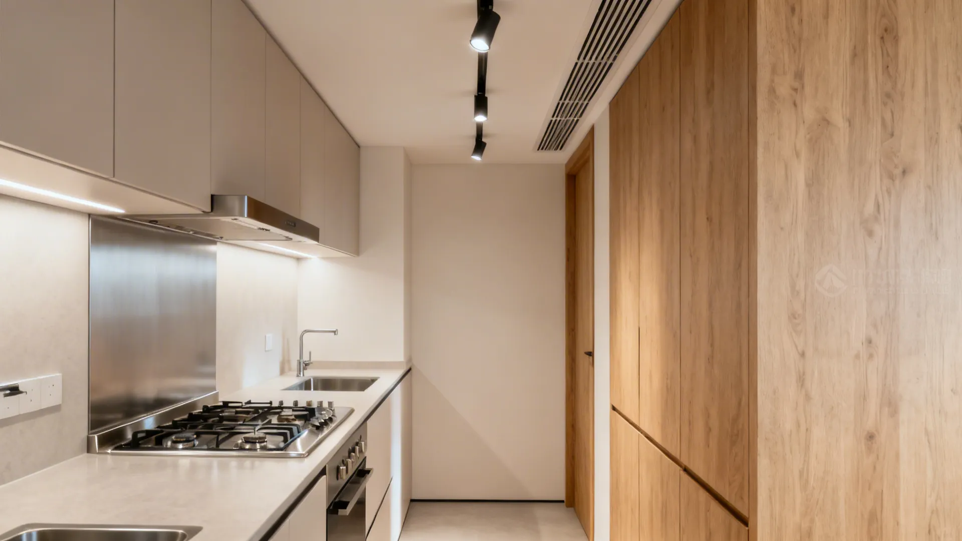 Compact kitchen featuring a slim soffit that hides ducts and adds focused spotlights over the cookline.