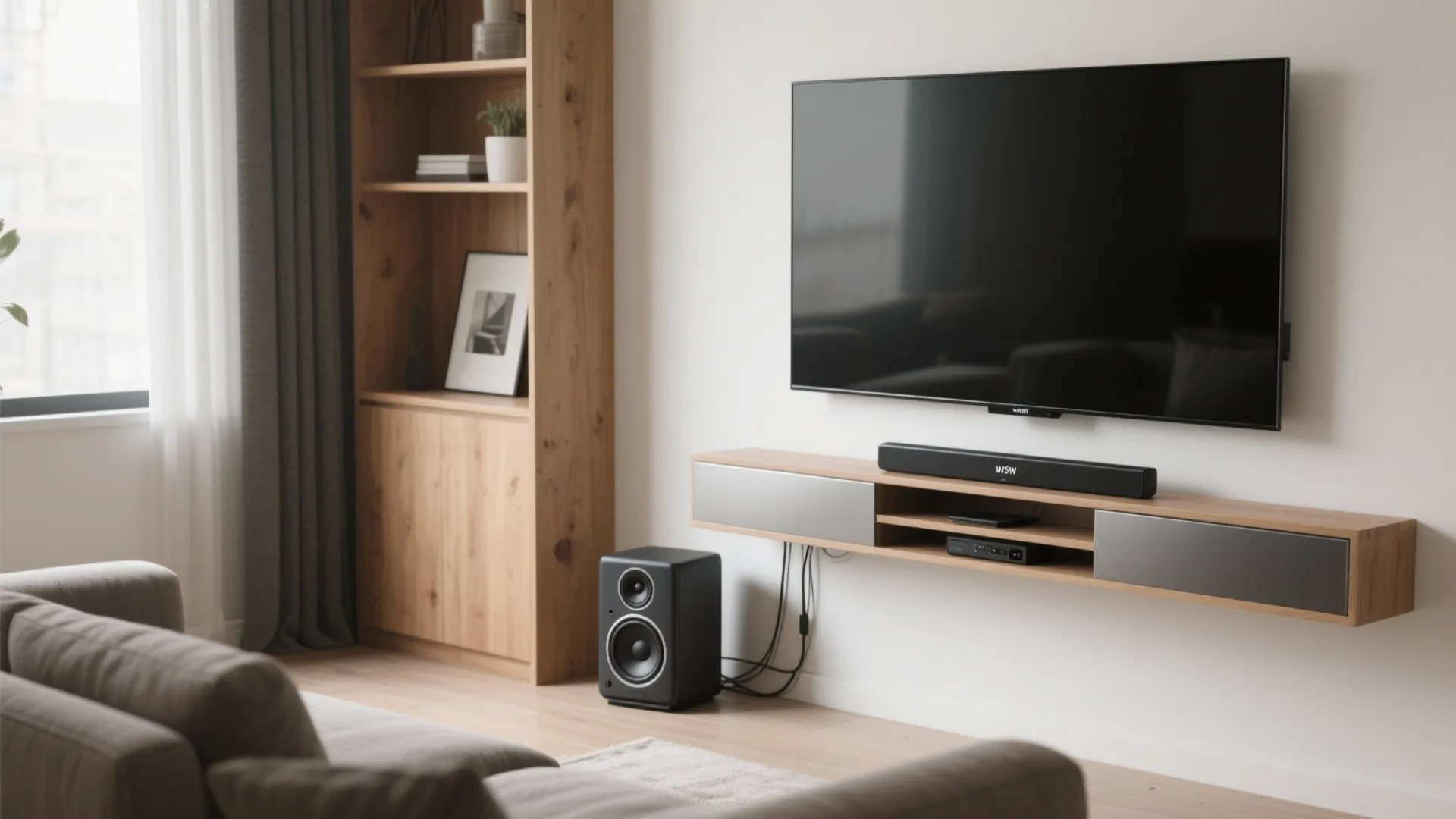 Slim soundbar under a wall-mounted TV with a compact wireless sub beside the sofa.