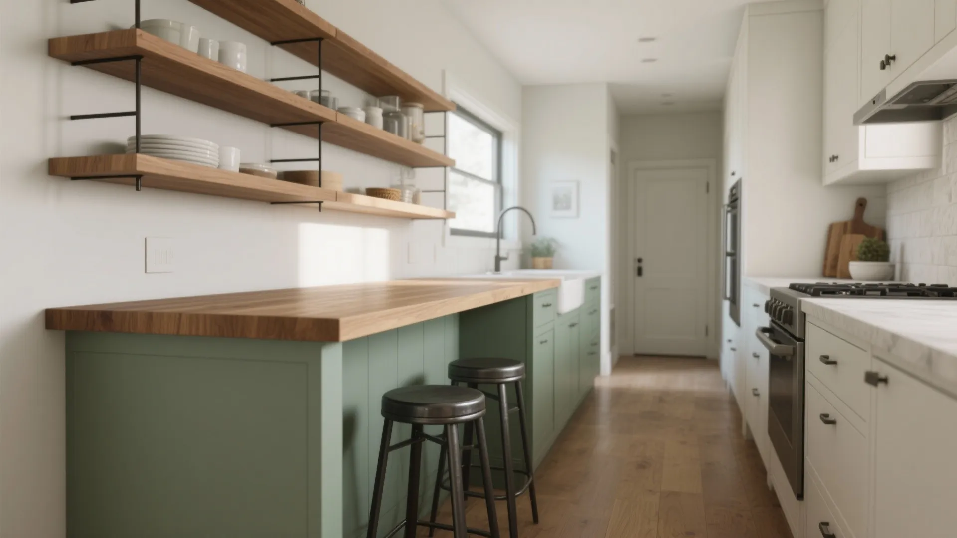 Build a slim “spine” island for narrow kitchens