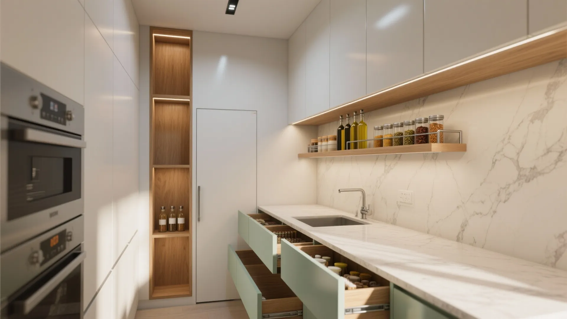 Modern white kitchen with marble wall and open wooden shelves for jars and light fixtures