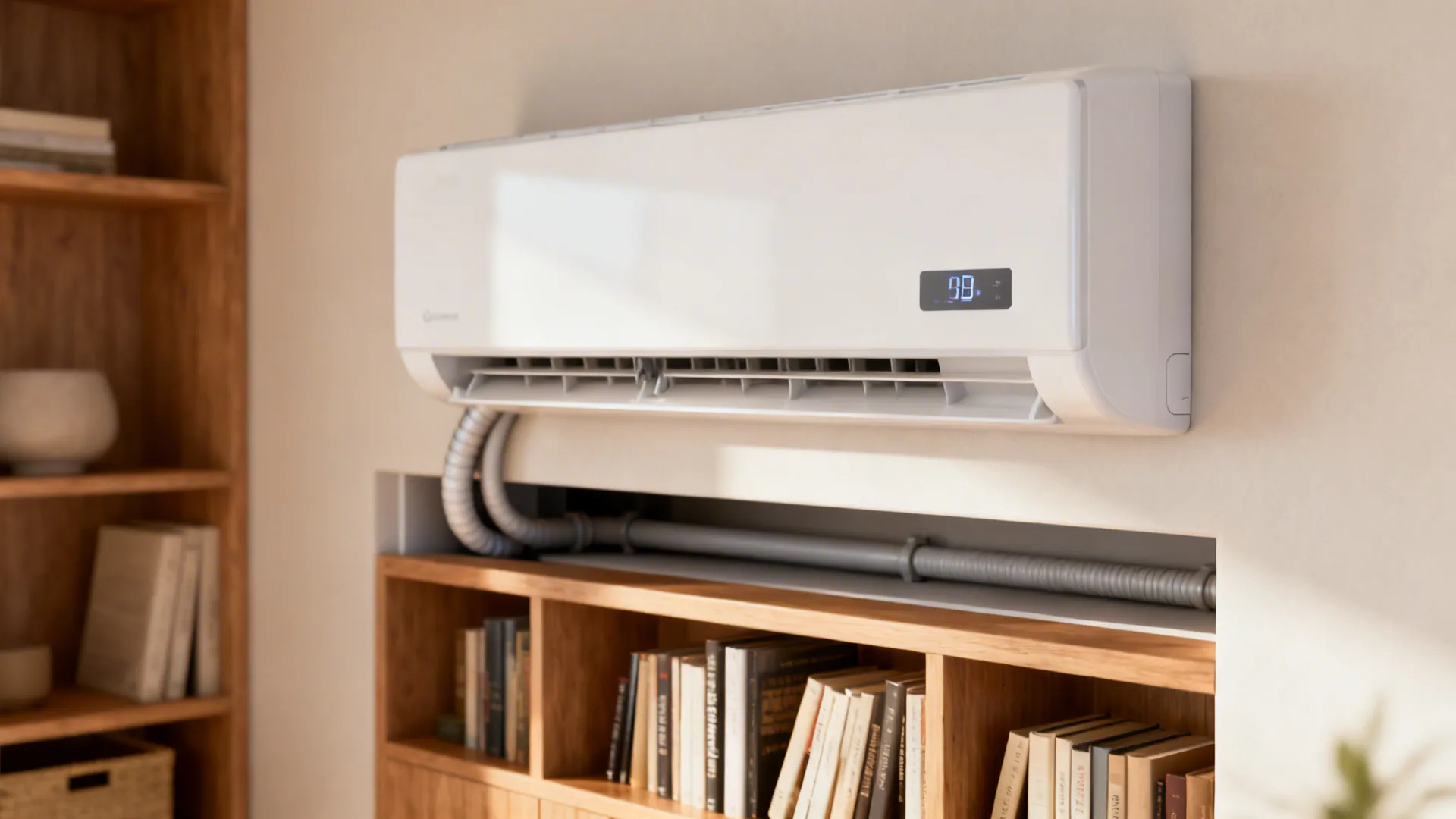 Close-up of a slim wall-mounted split AC with concealed piping behind a bookshelf