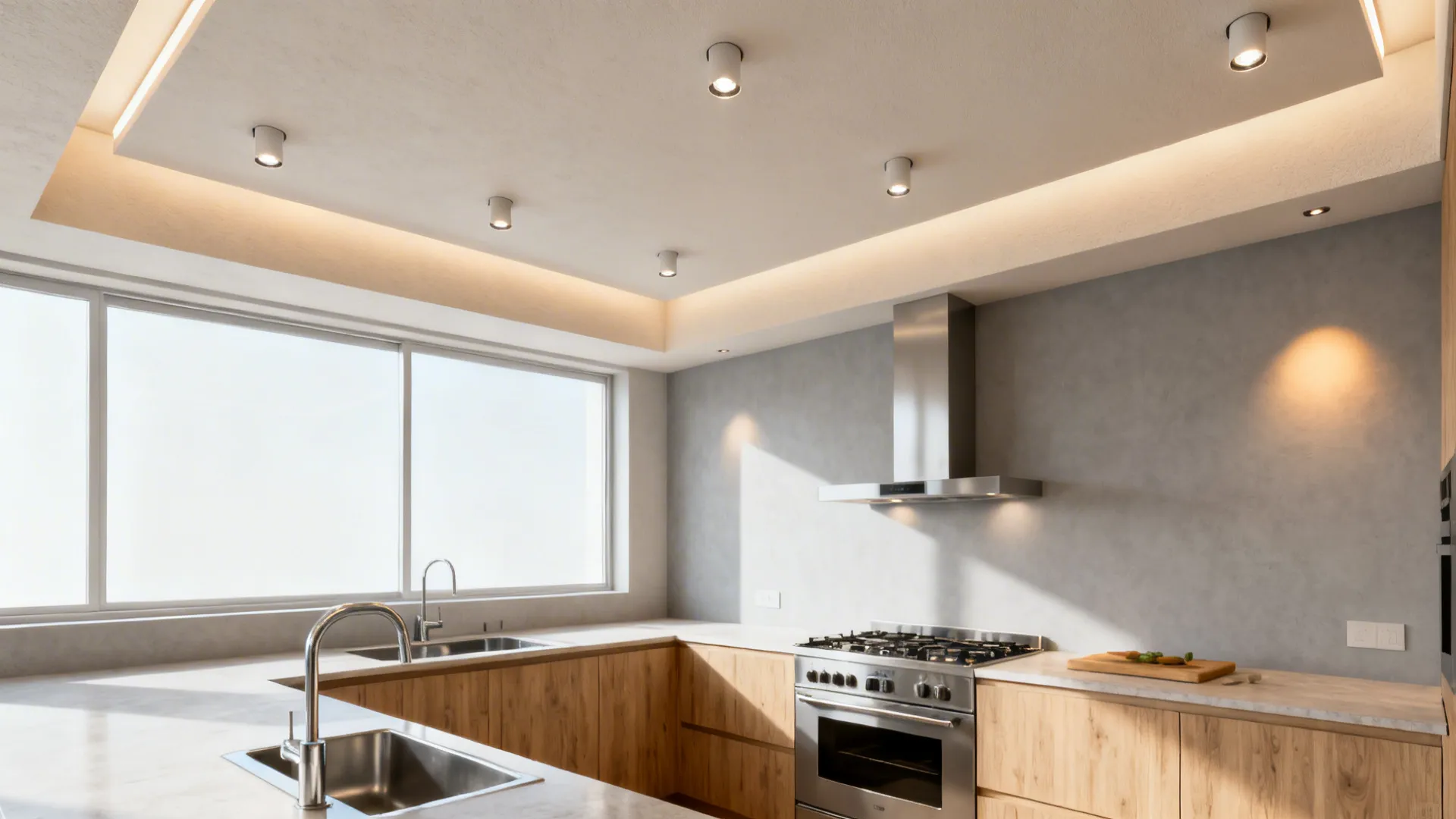 Modern kitchen with a slim drop ceiling and a precise grid of micro gimbal spotlights illuminating work zones.