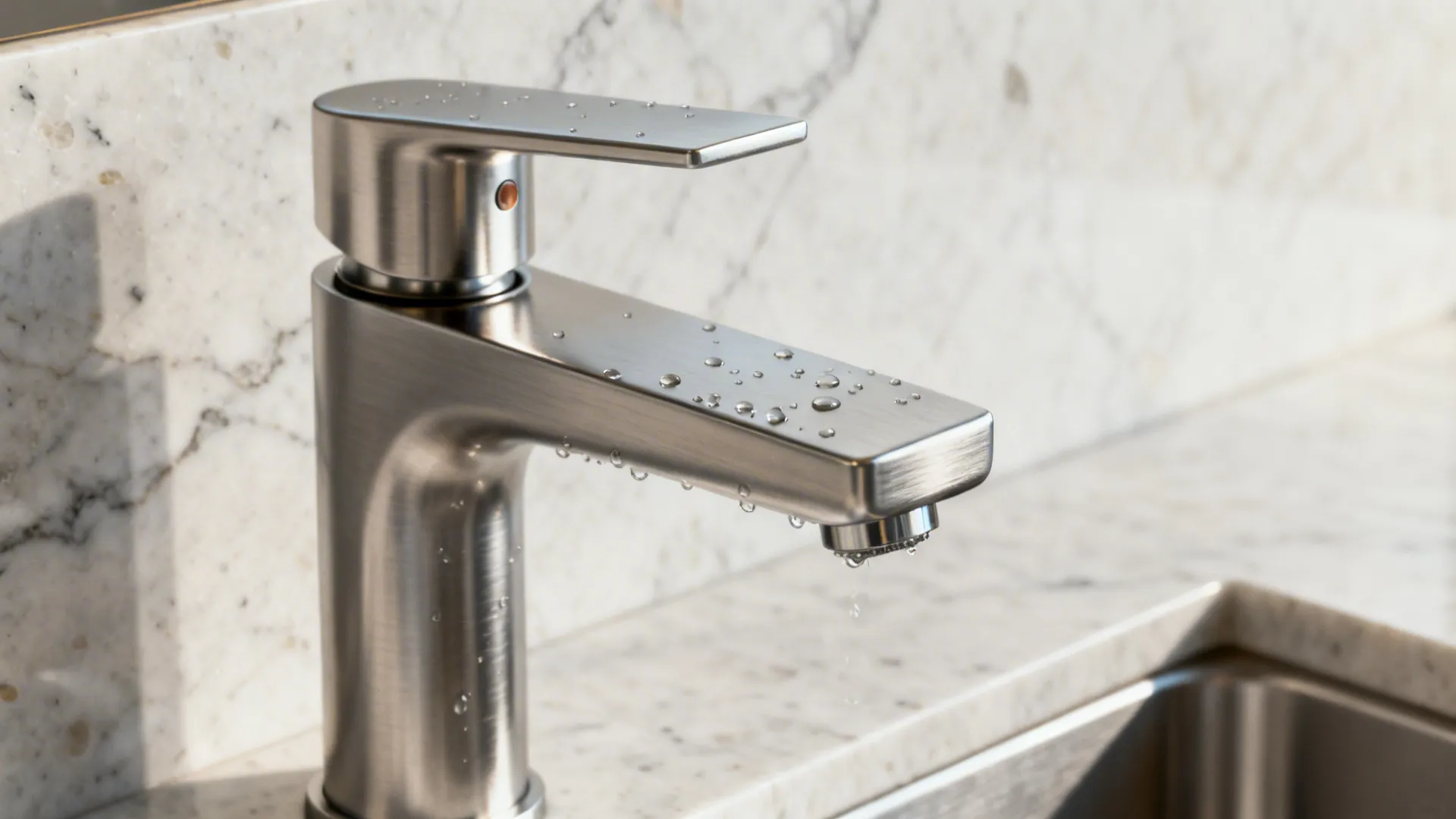Macro of brushed metal wall-mount faucet against seamless quartz slab.