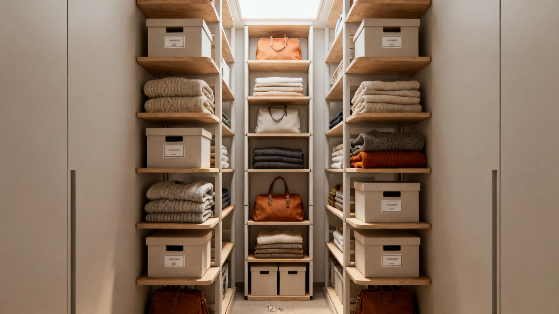 Slim vertical shelving with folded sweaters and labeled boxes in a narrow closet.