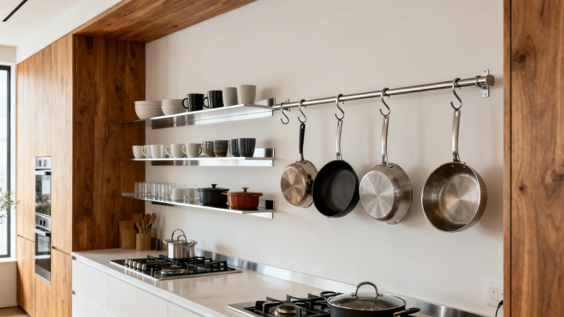 Slim stainless shelves and rail with S-hooks organizing essentials in a studio kitchen.