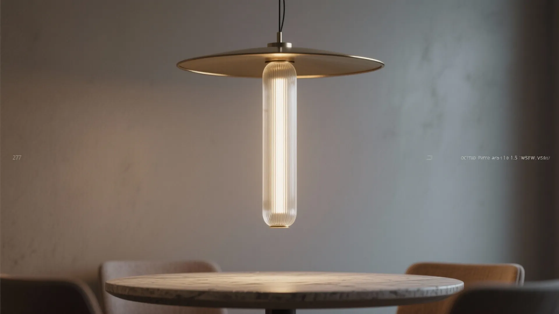 Modern thin glass ceiling light hanging over a round marble table in a minimalist dining room