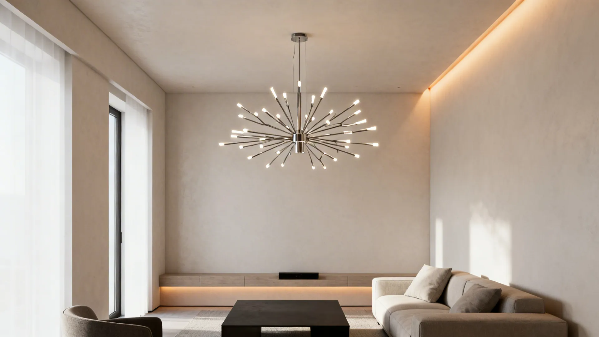 Compact living room featuring a slim-profile statement chandelier with branching LED arms and light neutral decor.