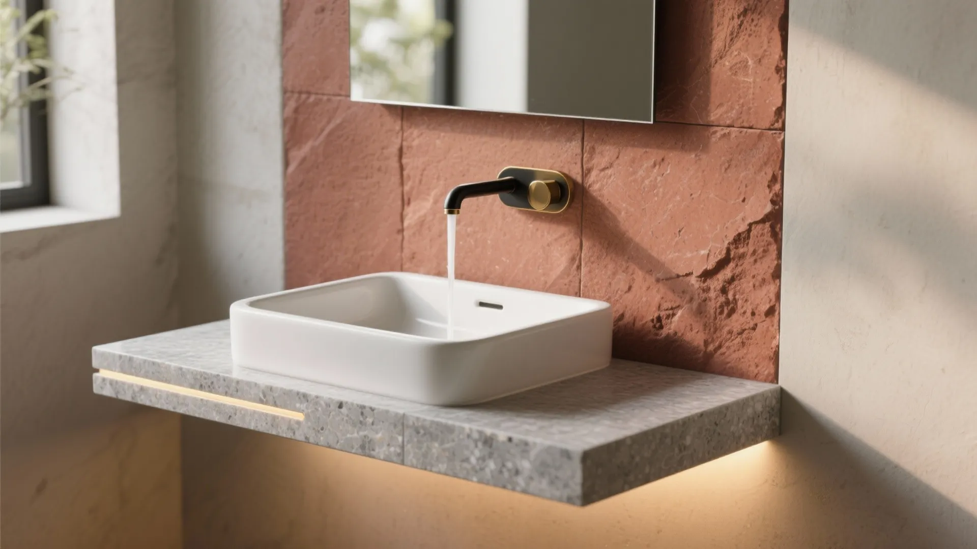 White bathroom sink on grey stone shelf against red wall with black faucet and light