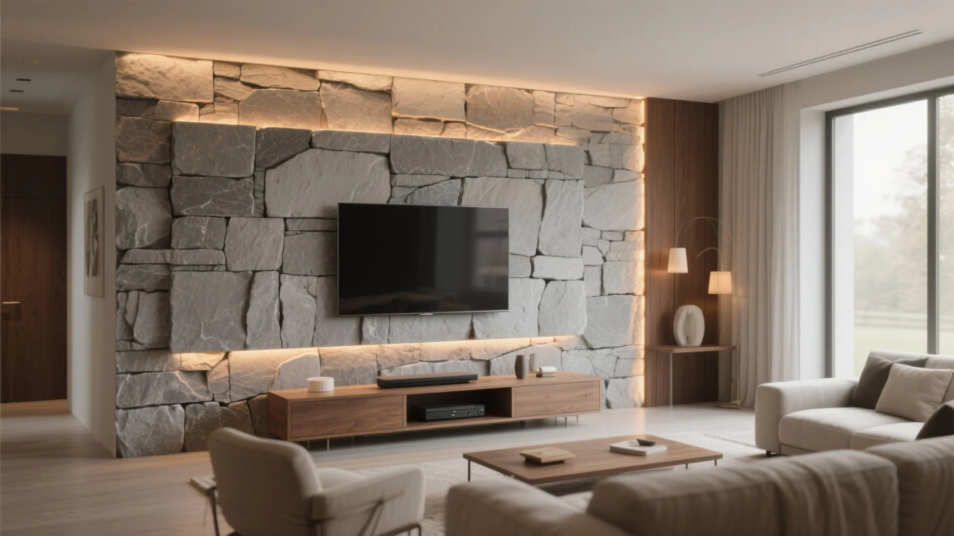 Slim Stone Veneer With Warm Lighting