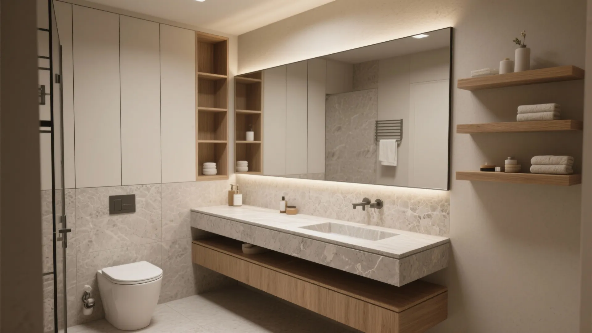 3. Slim stone vanity tops and integrated shelves