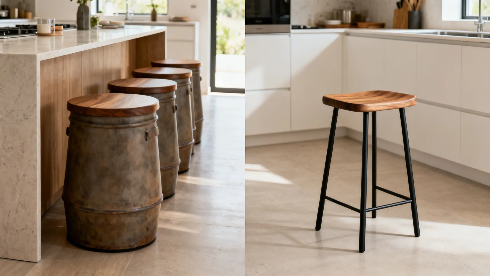 Before-and-after showing bulky stools replaced by slim backless stools to open the aisle.