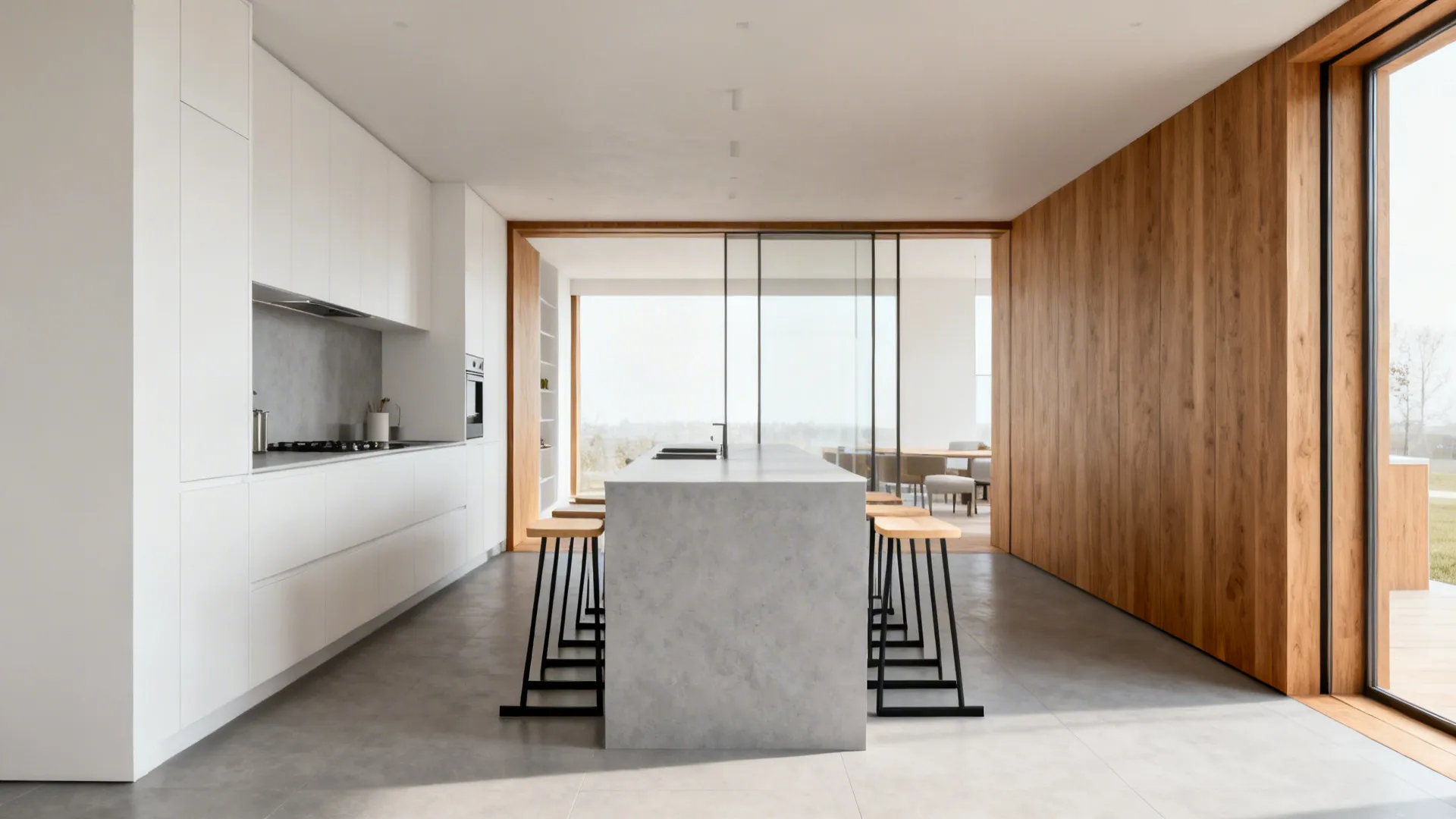 Slim-profile backless wood-and-metal stools in a narrow galley kitchen with clear walk space.