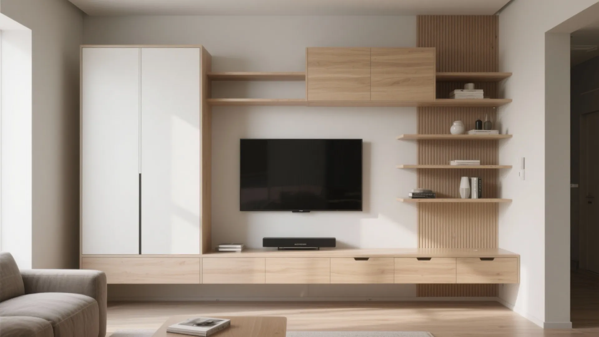 Modern wall unit with wood shelves a white cabinet and a television in living room