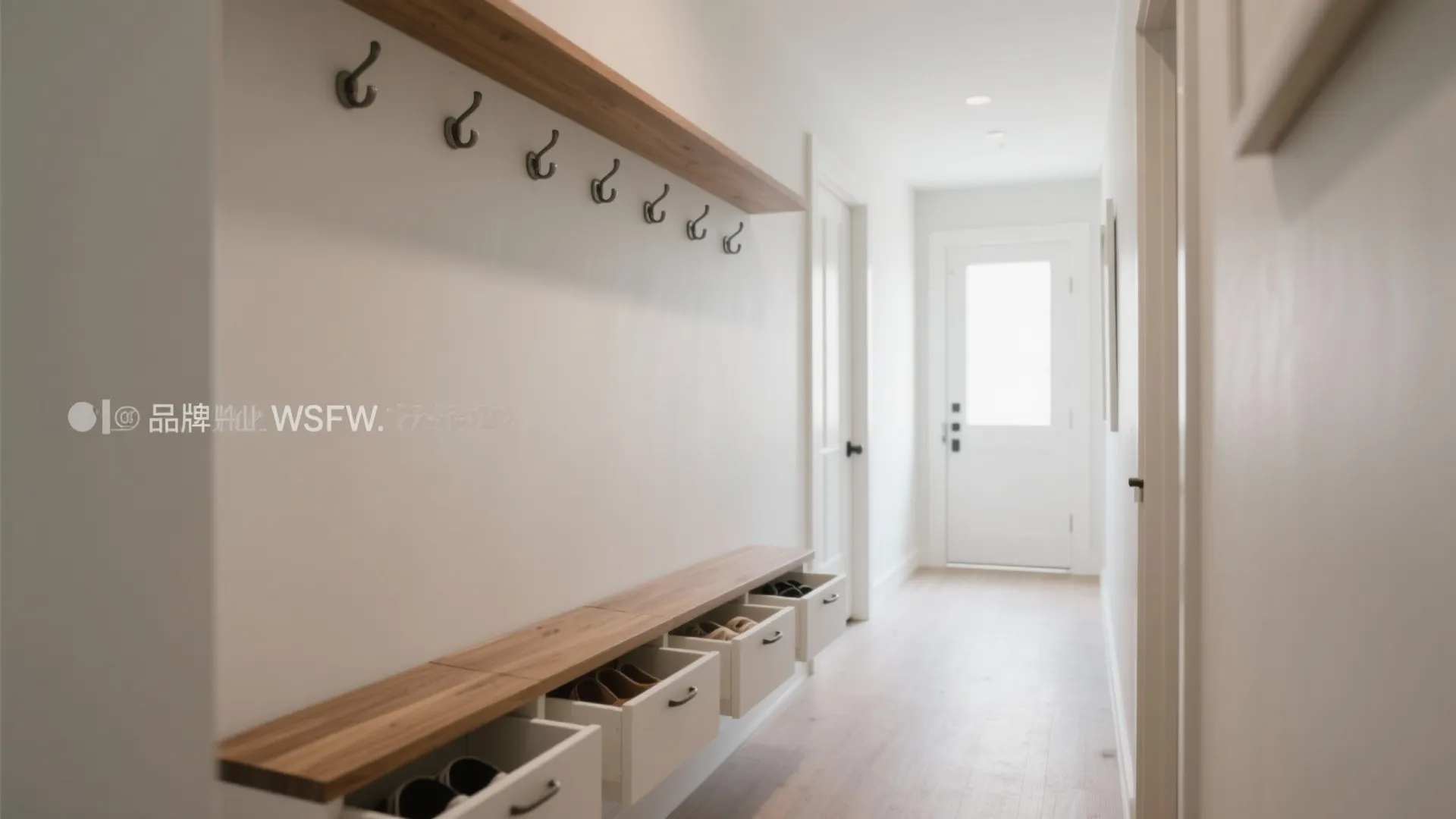 White hallway with wooden wall shelf black coat hooks and cabinet drawers for shoes storage design