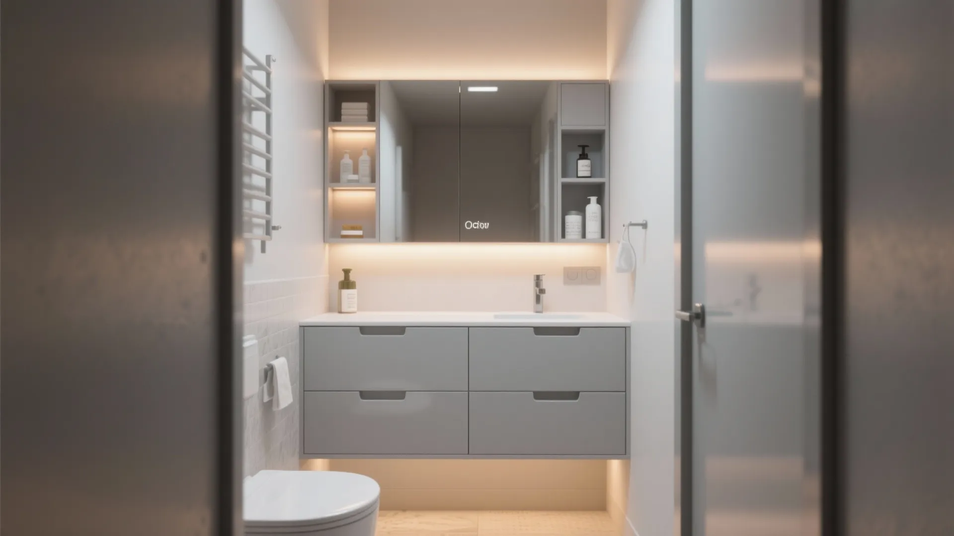 5. Slim Vanity with Integrated Storage & Mirror Cabinet