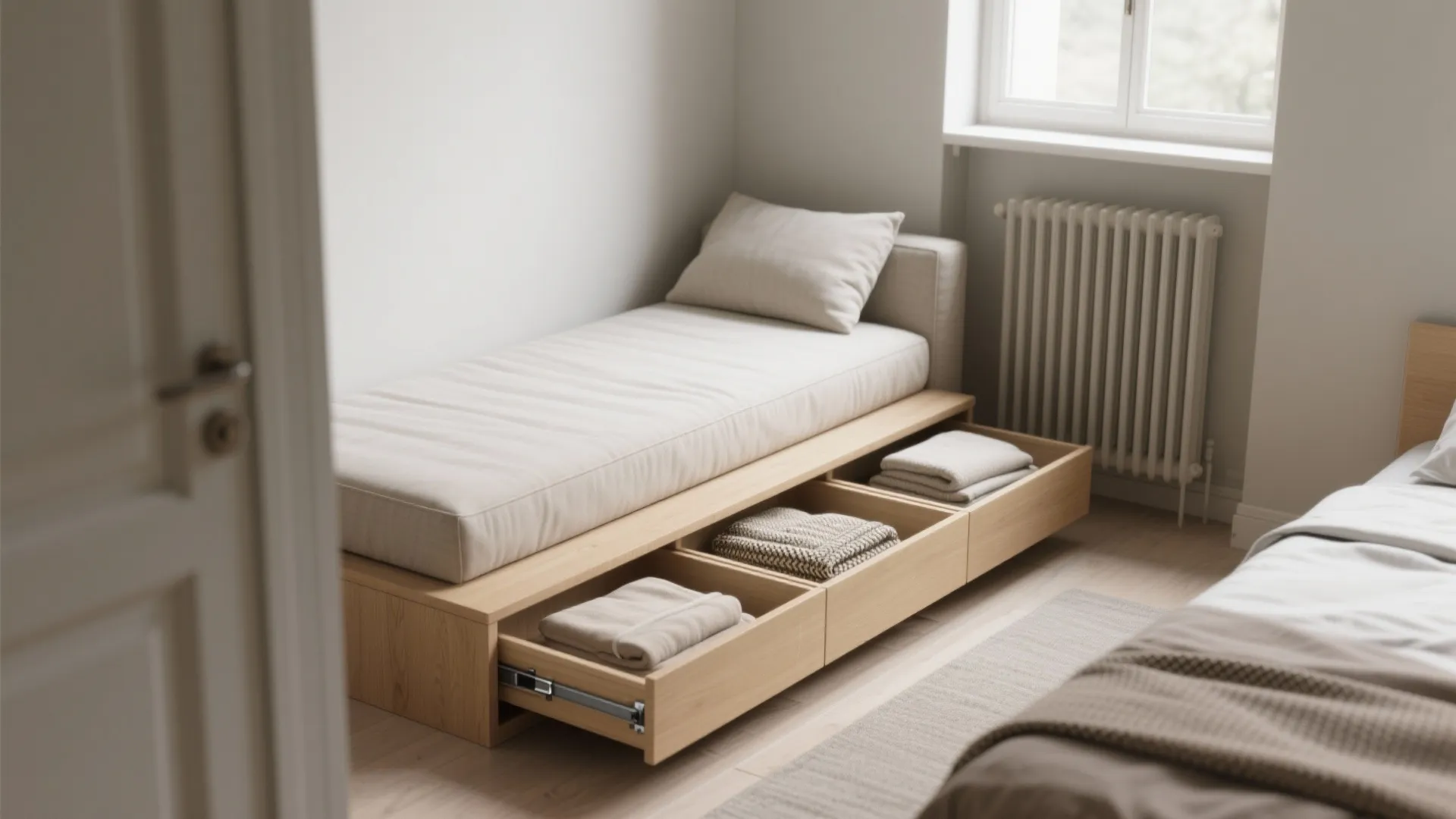 Modern wooden bed frame with open storage drawers containing folded clothes and a white mattress