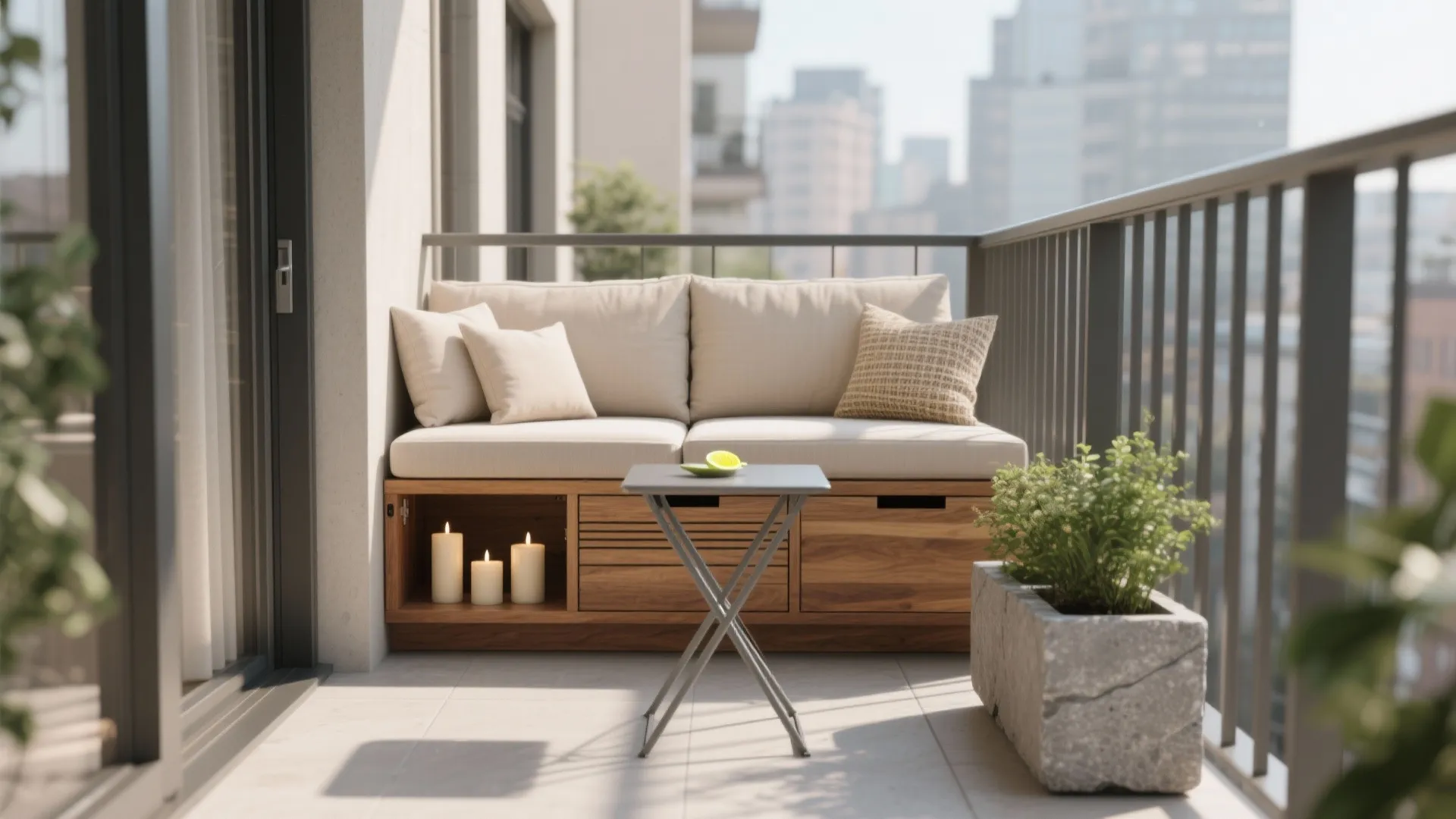 1) Slim modular seating with hidden storage