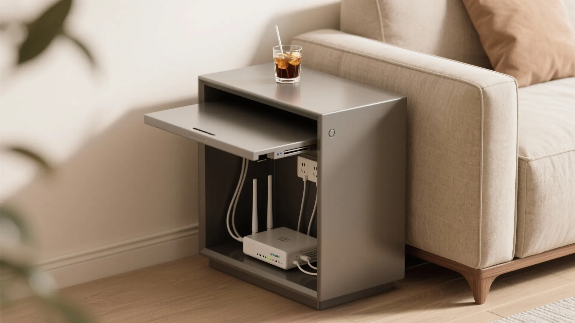 Slim side tables with hidden storage (cords, remotes, magazines)