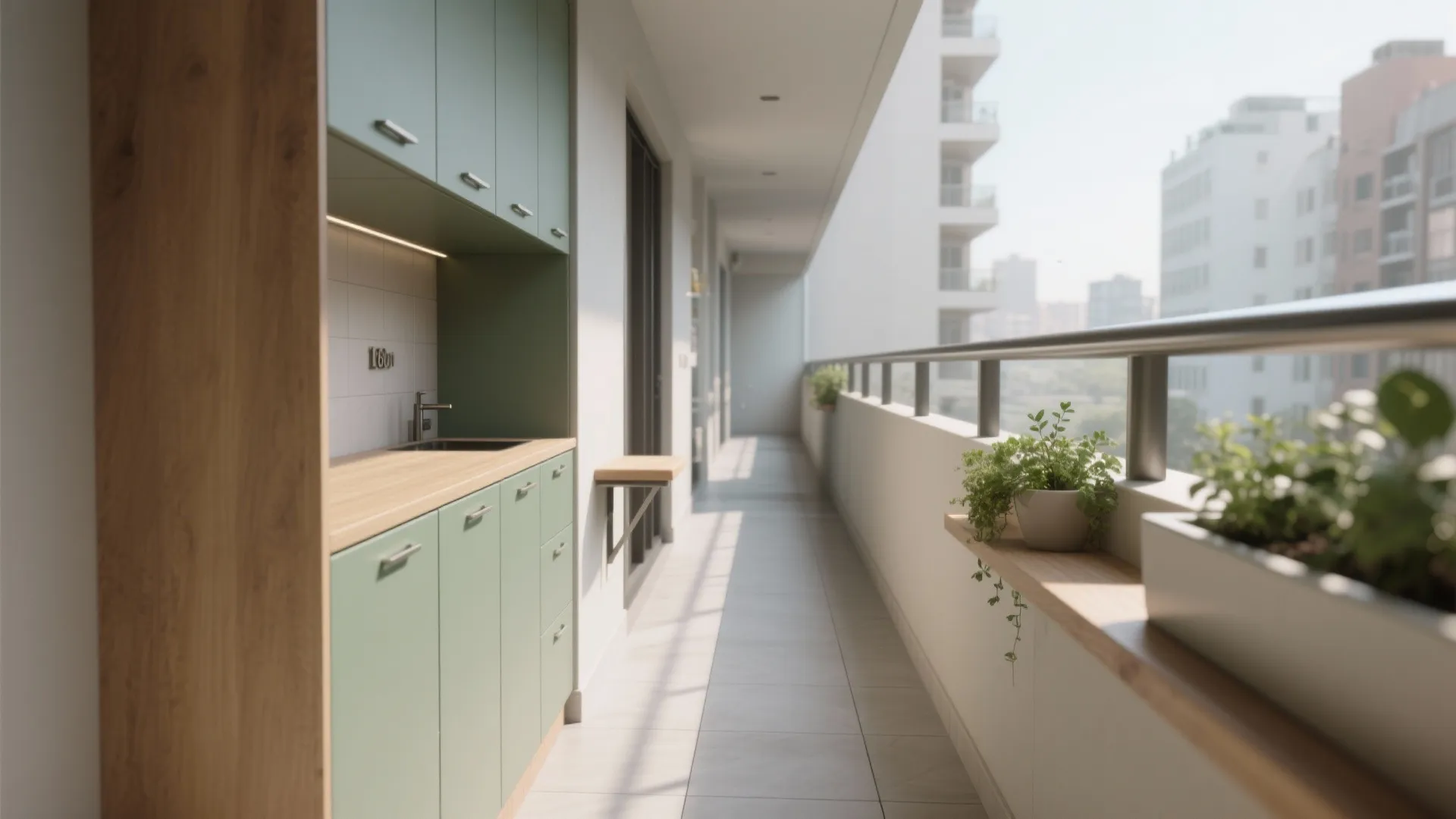 Long narrow balcony with green kitchen cabinets and wooden countertop beside a metal railing with plants