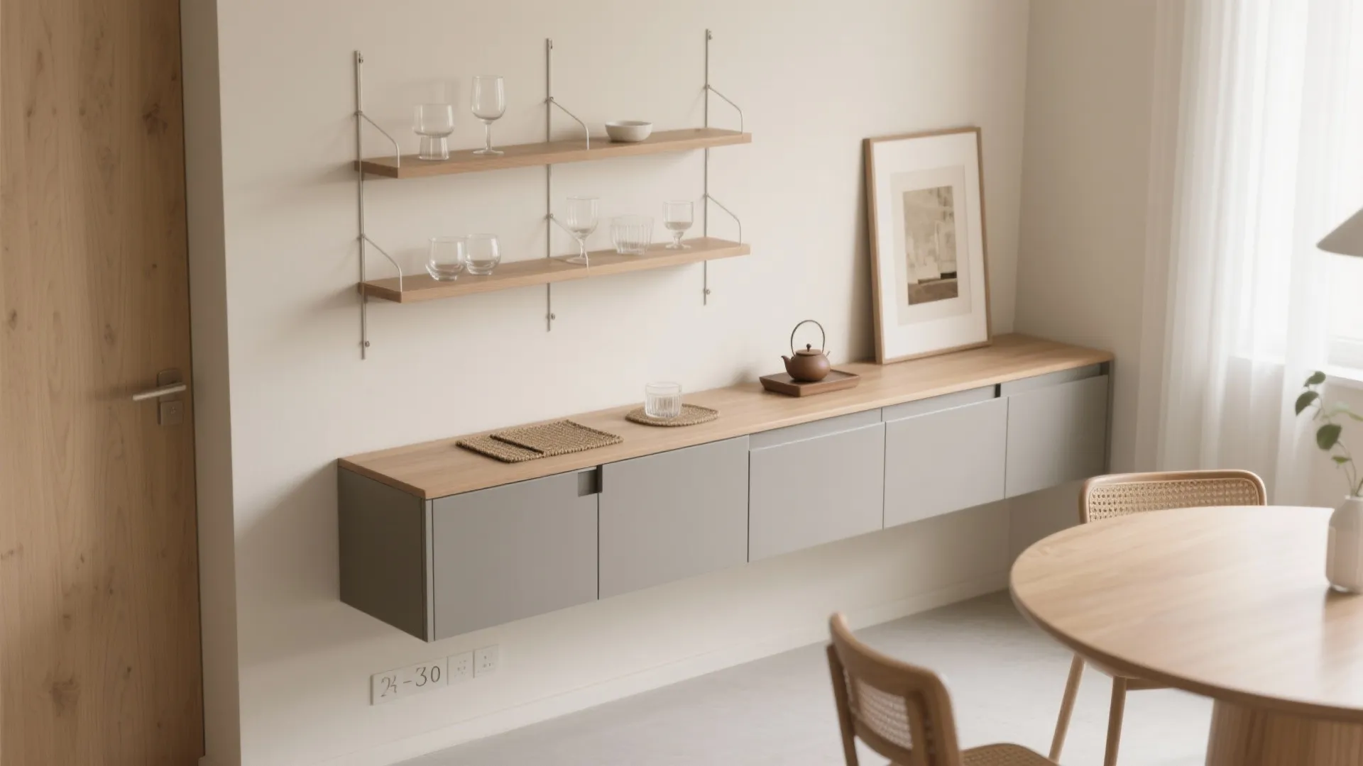 Slim-profile storage: shallow credenza or wall shelves