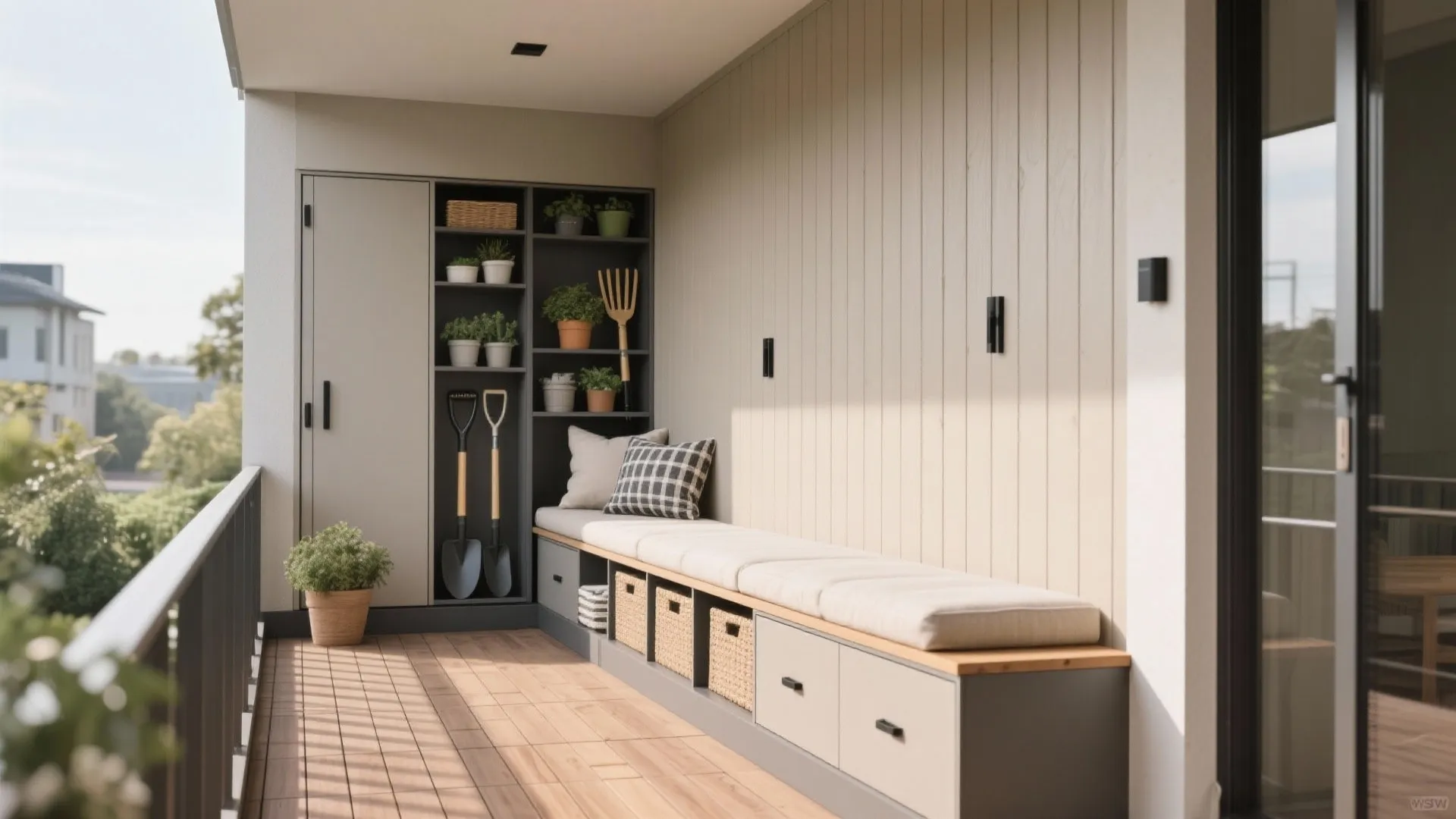 Slim storage wall with weatherproof cabinetry
