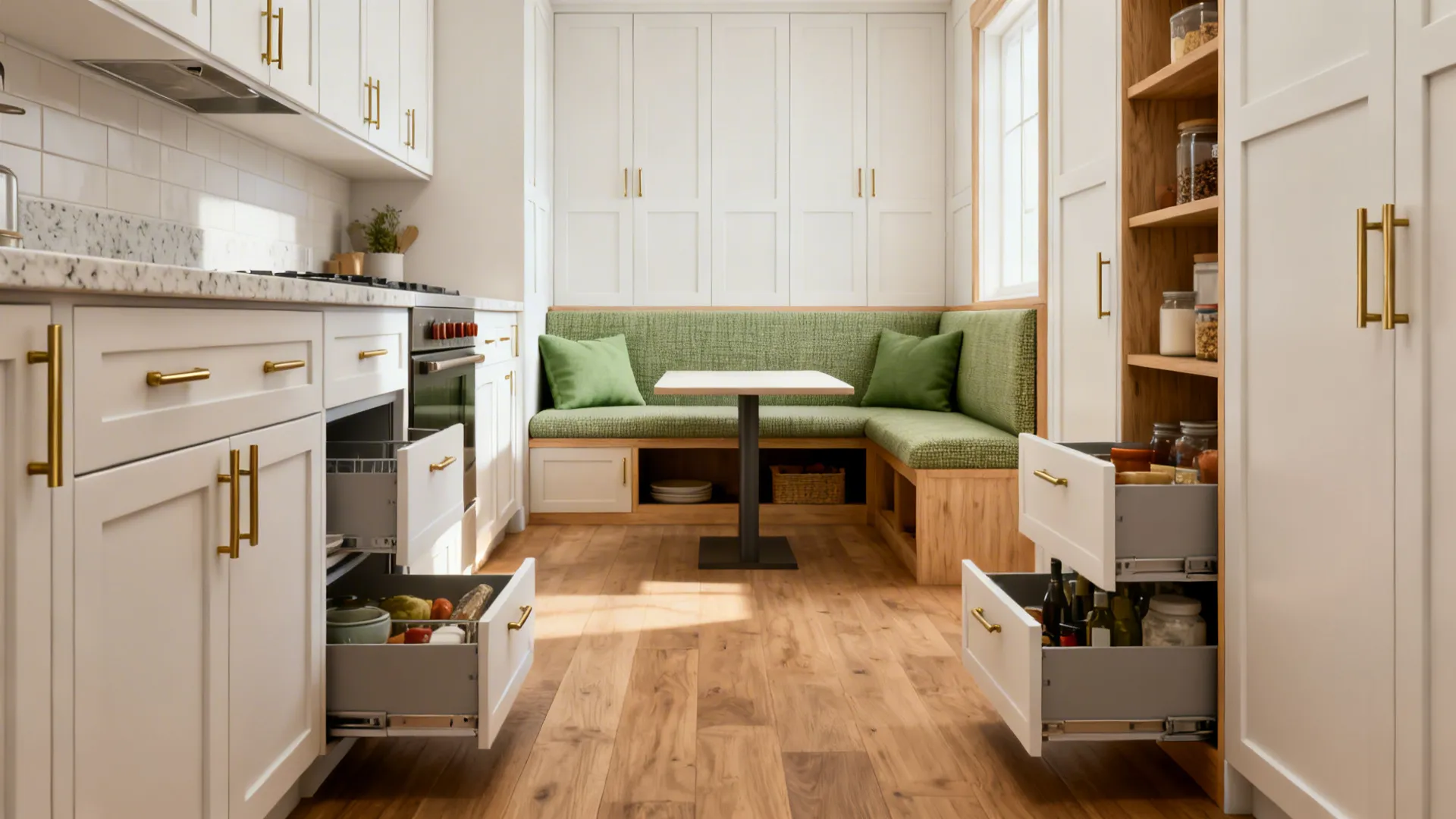 Narrow kitchen with slim pull-out cabinets and an upholstered banquette opposite a slim table.