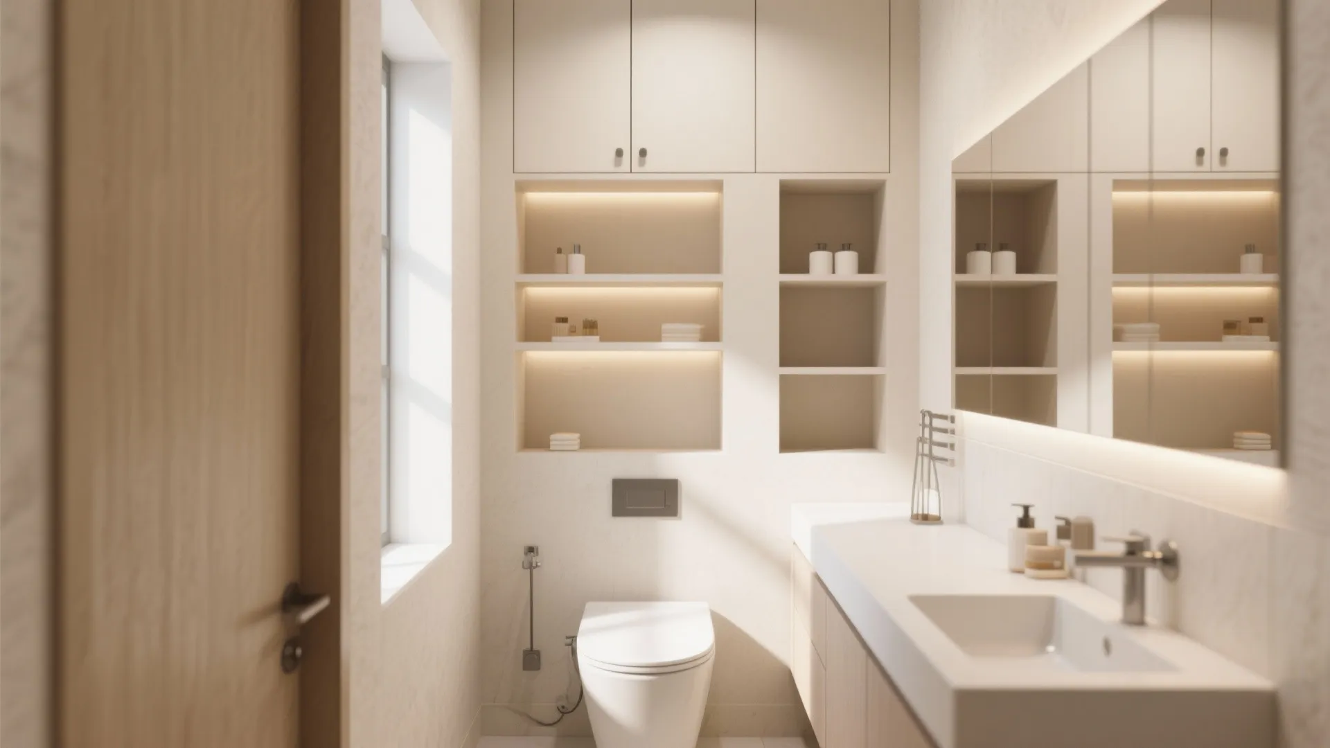 Modern cream bathroom with wall shelves, toilet, white sink, large mirror, and warm indoor lighting