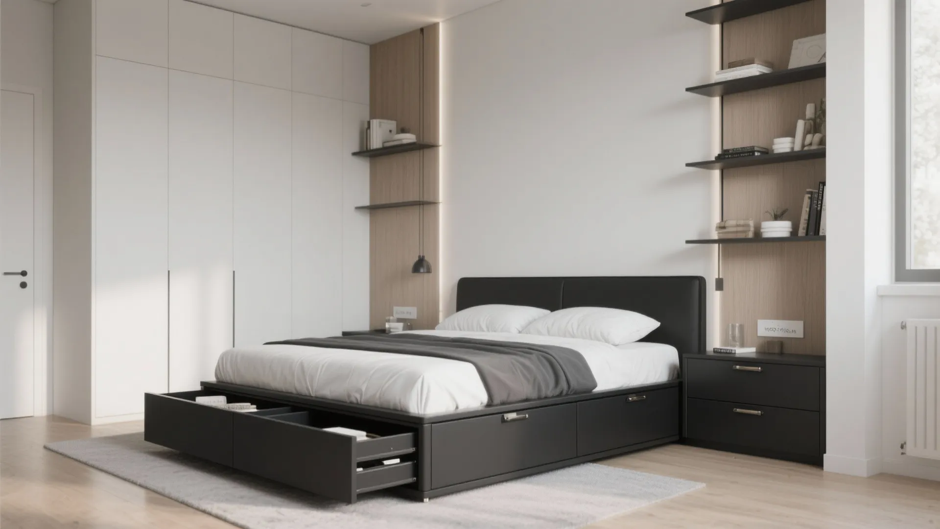 5. Slim-profile black storage bed for small rooms