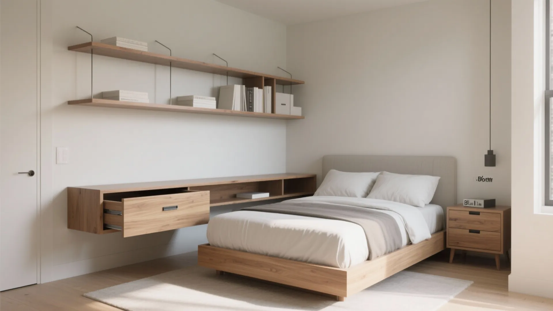 Compact bedroom with floating shelves and under-bed drawers keeping a Blu Dot bedframe uncluttered.