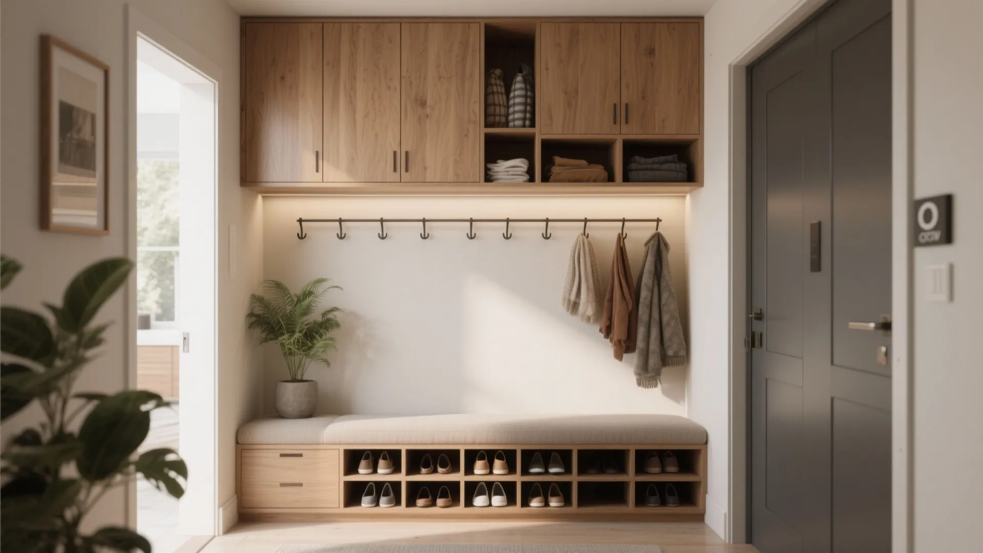 Built-In Storage Wall with a Slim Bench