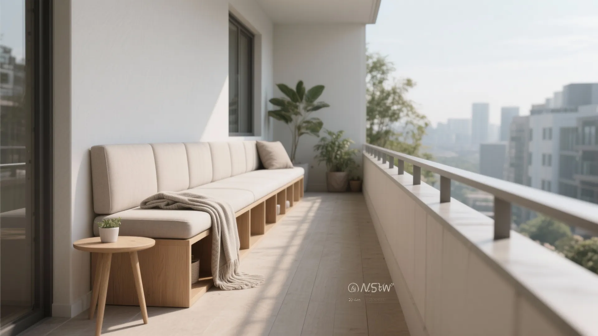 Slim storage bench along the long wall of a 5-foot balcony with clean sightlines and neutral tones.