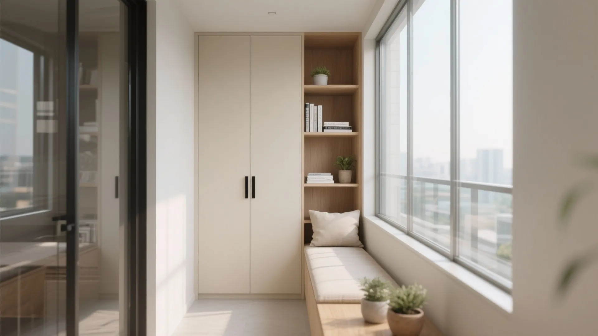 Narrow enclosed balcony with shallow matte storage wall and a slim linen bench under soft daylight.