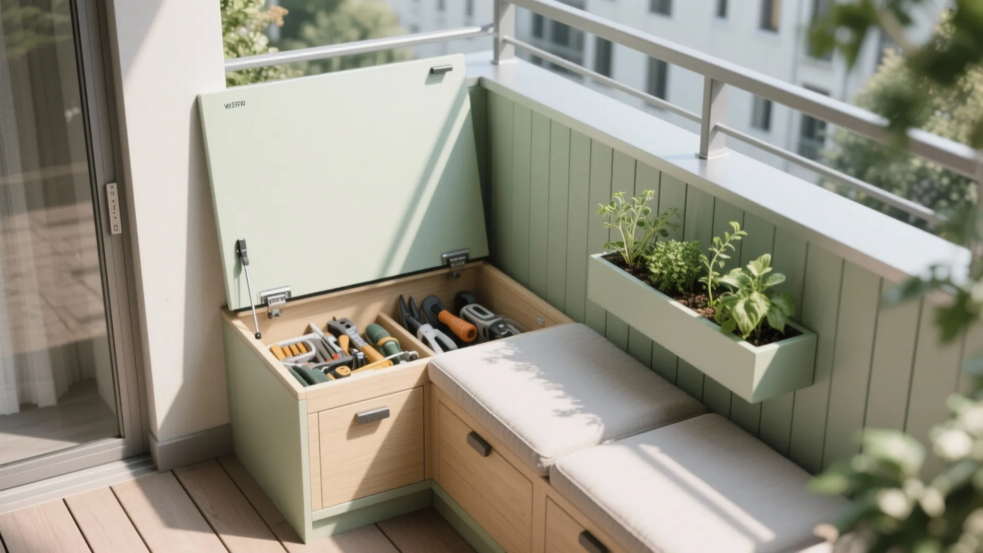 Slim storage benches with hidden planters