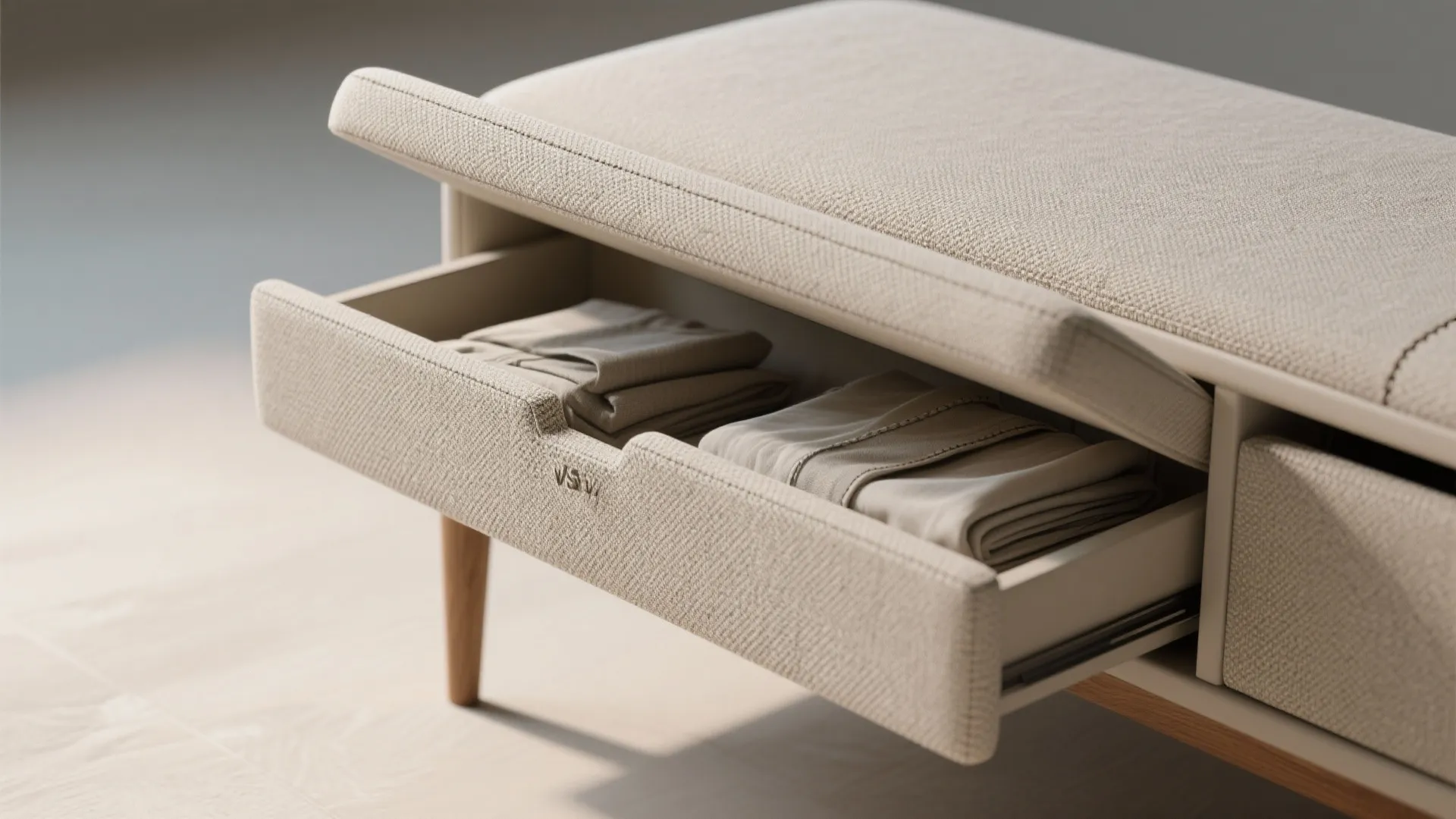 Modern cream upholstered storage bench with an open drawer showing folded clothes and wooden legs