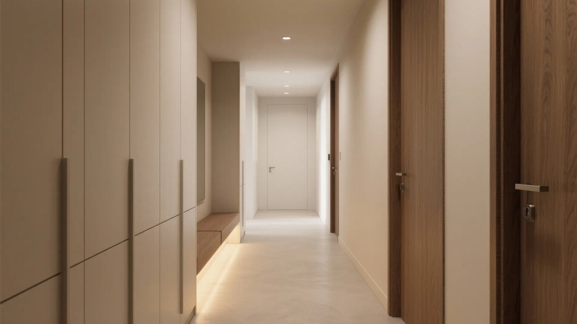 Minimalist hallway interior design drawing with white cabinets wooden doors and hidden warm floor lighting