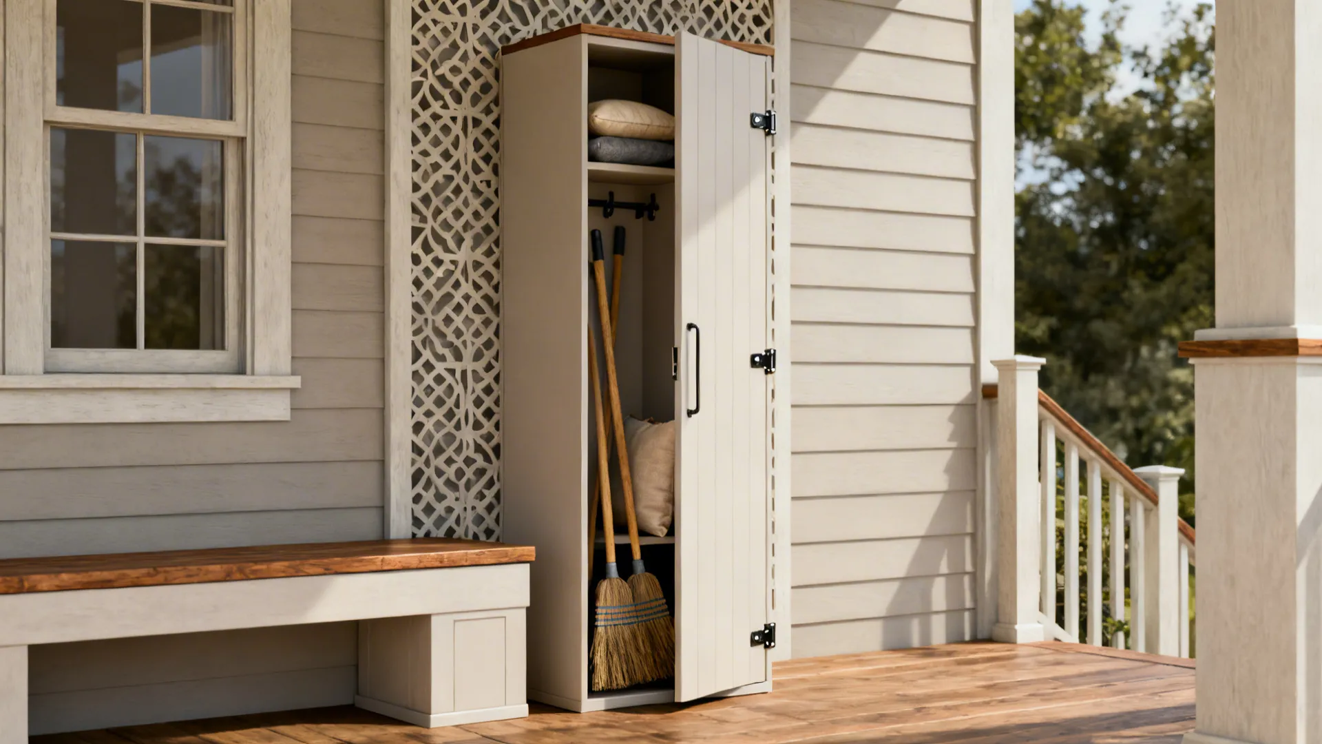 Slim storage cabinet on a porch concealed by a decorative screen and integrated with a bench