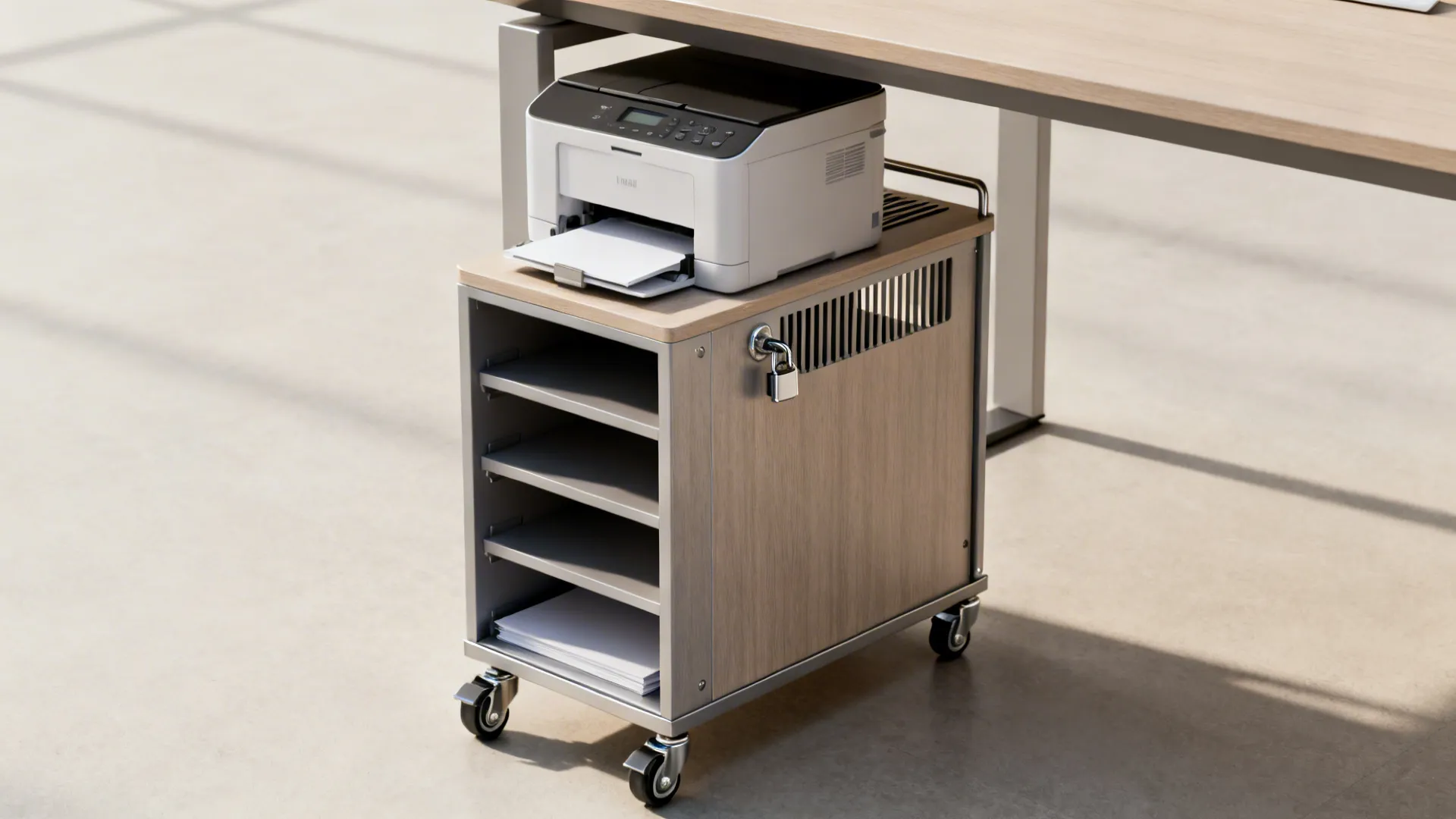 Slim rolling storage cart under a desk with a compact printer and locked caster.