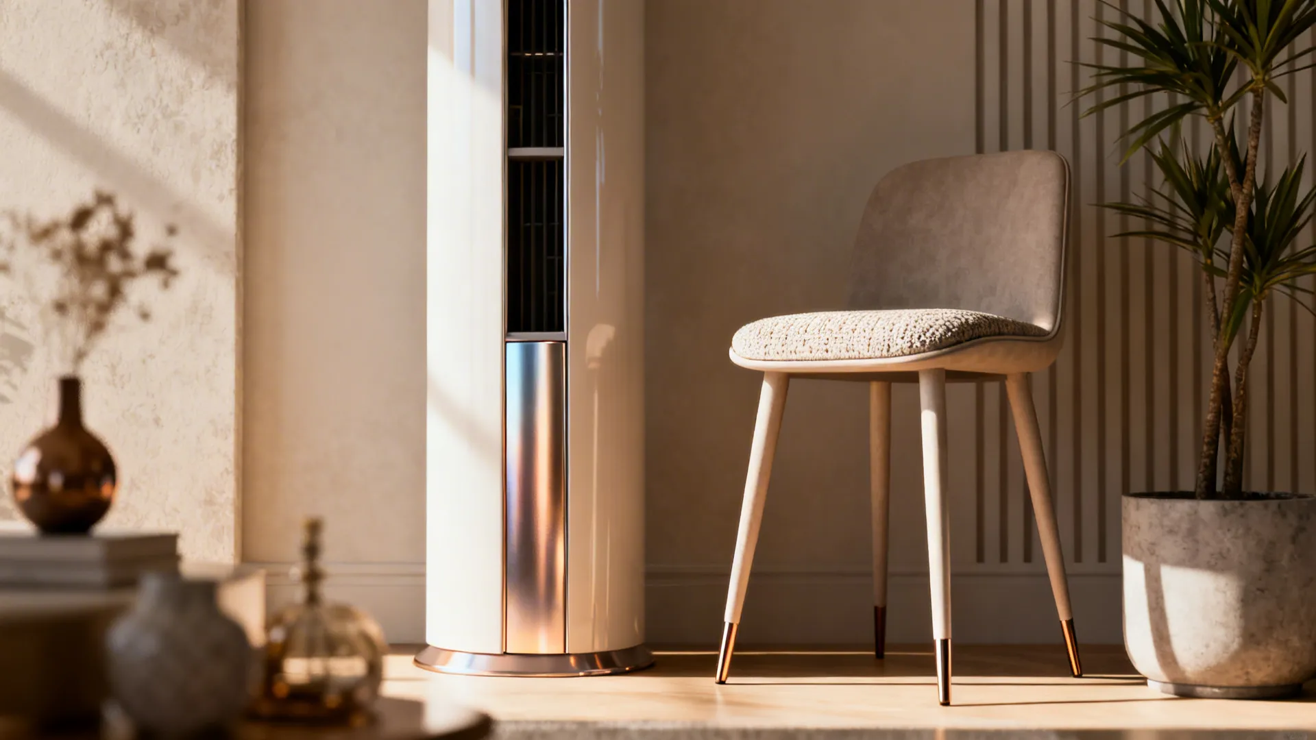 Slim-profile storage tower beside a tapered-leg accent chair in a contemporary small living room.