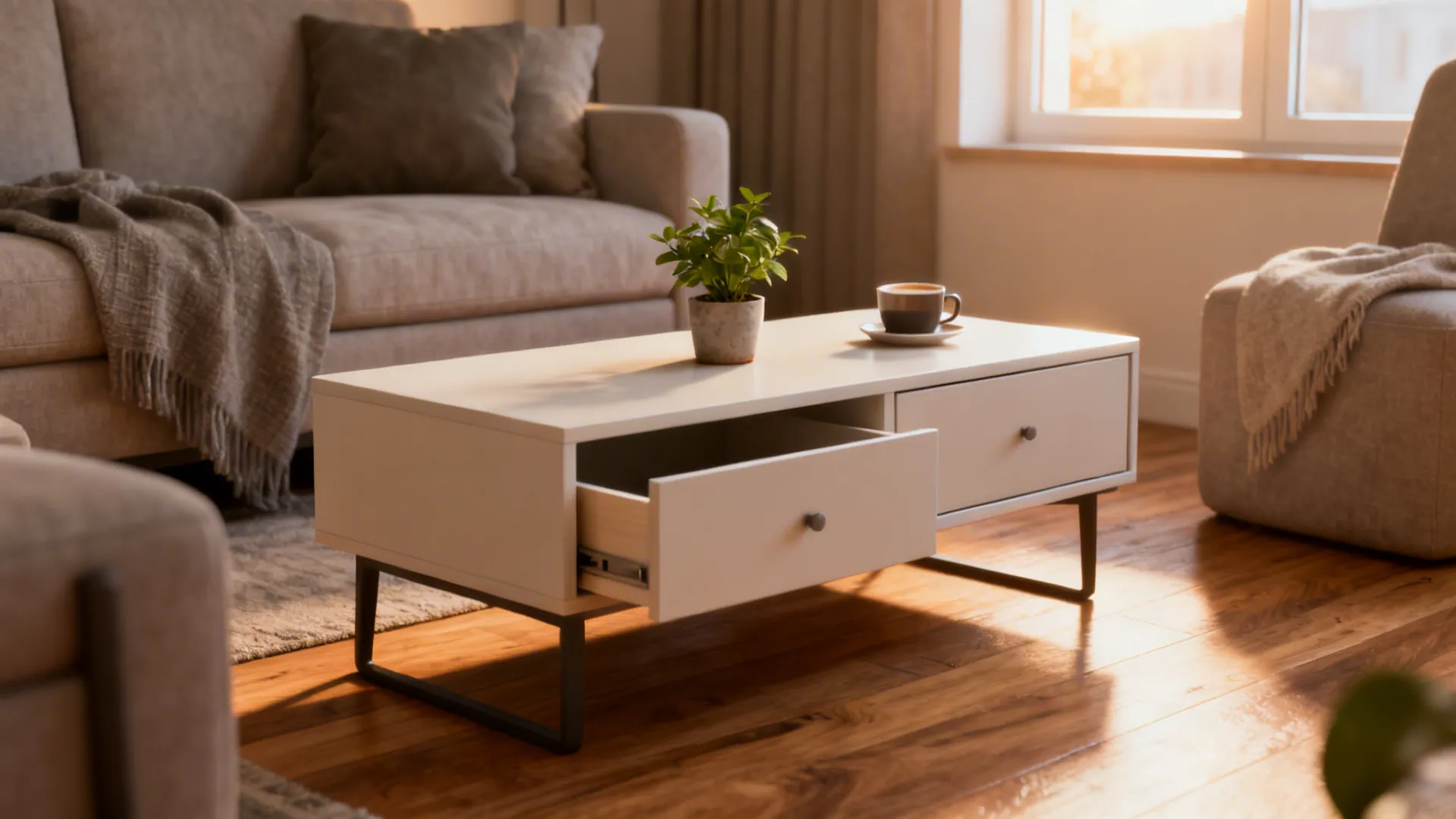 Modern white coffee table with open drawer featuring small potted plant and cup of coffee