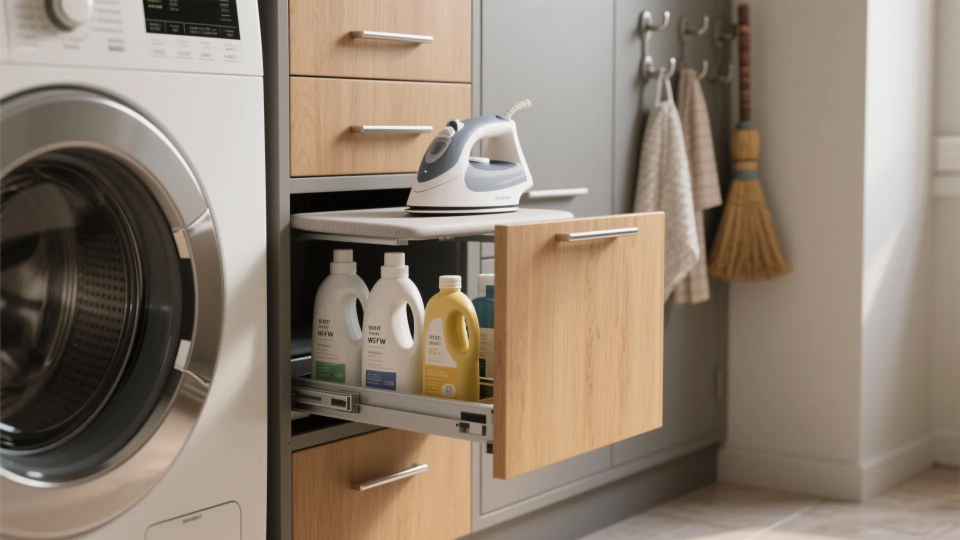 Modern laundry room featuring wooden pull-out drawer with bottles, ironing board, iron, and washing machine