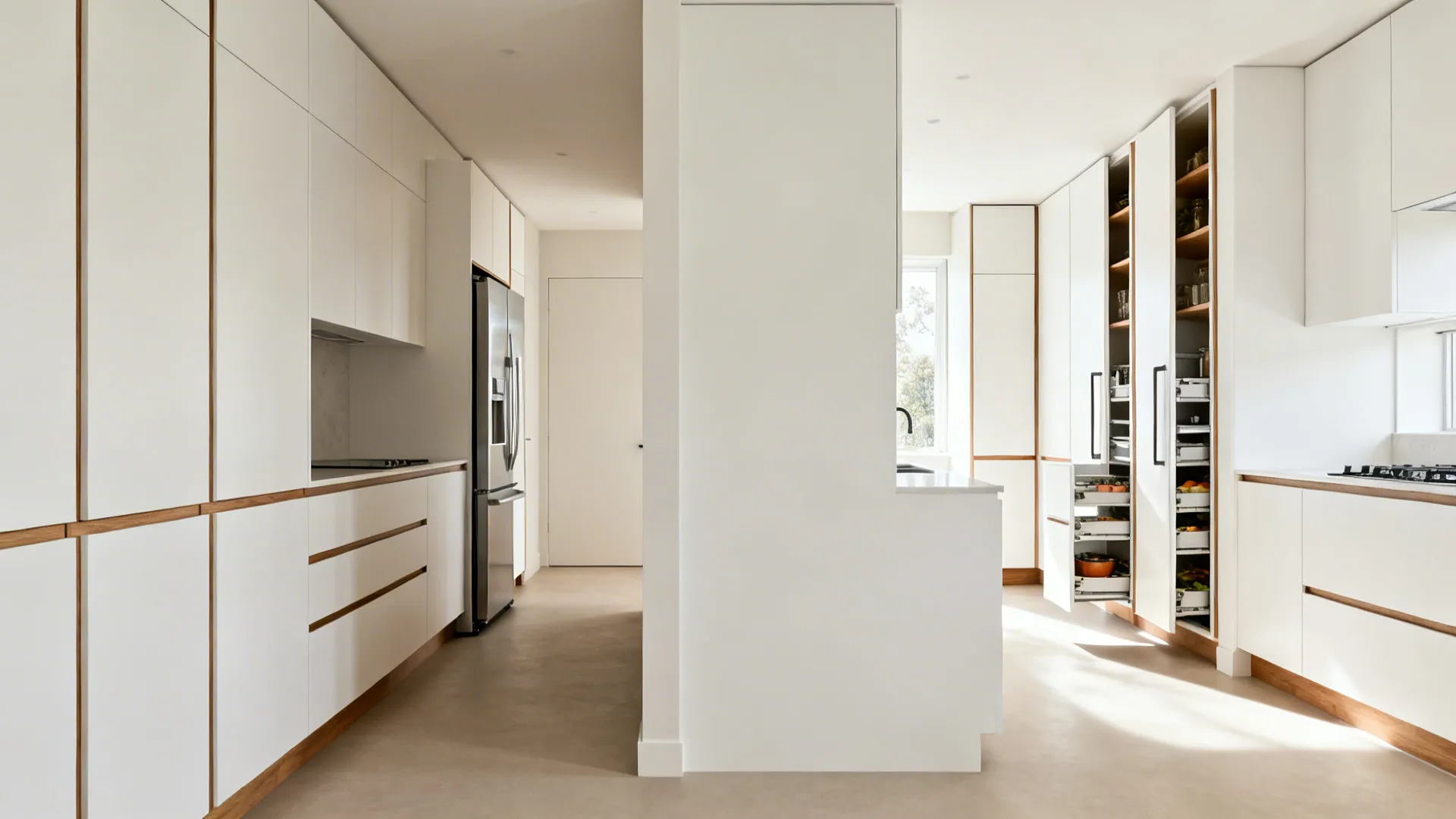 Before-and-after narrow kitchen showing slim wall cabinets and tall pull-outs improving door clearances.