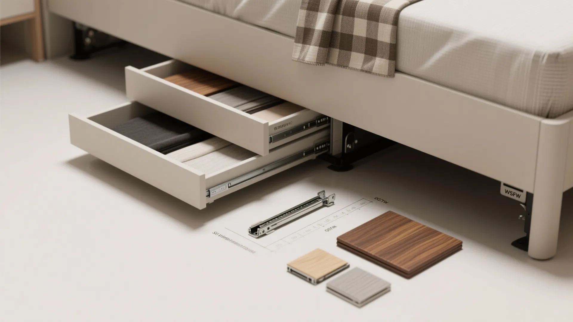 Flatlay of slim-profile drawer components and material swatches for storage beds compatible with adjustable bases