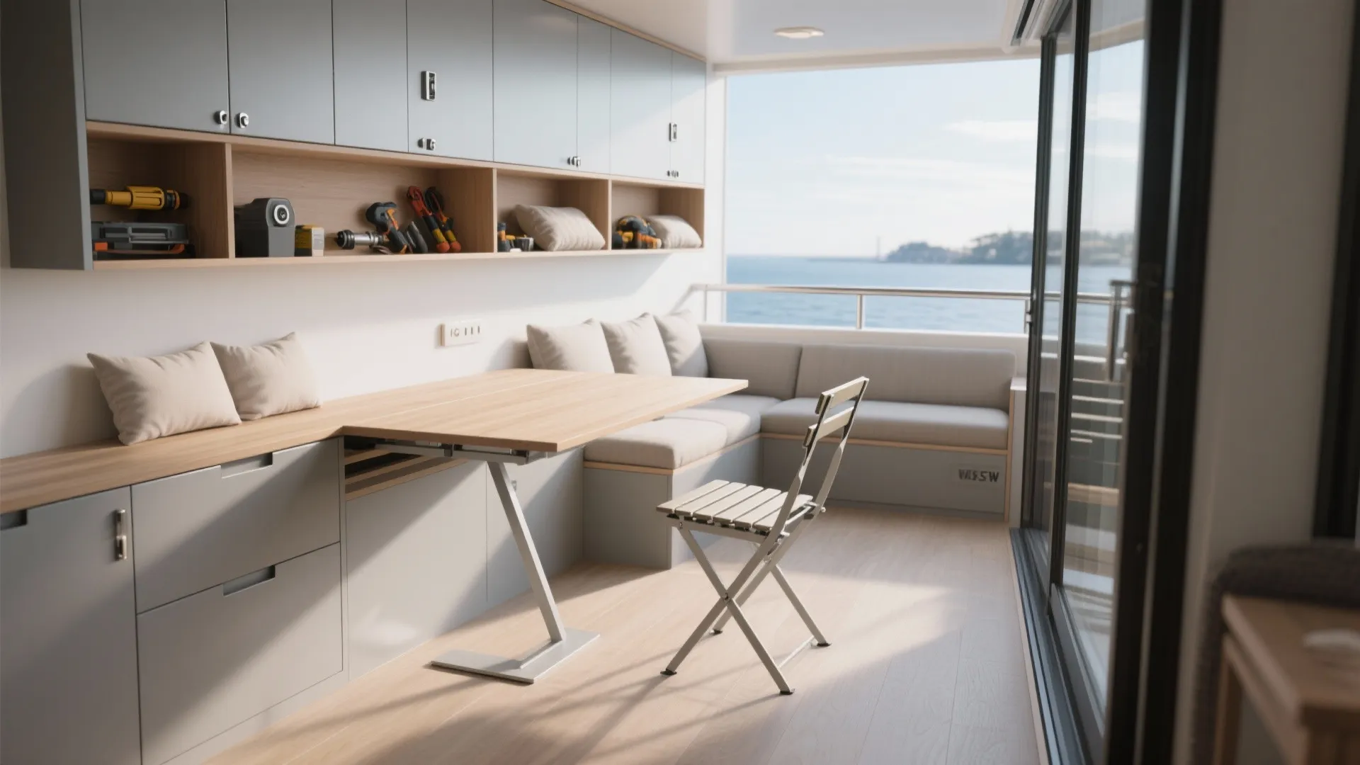 Slim storage and fold-away seating